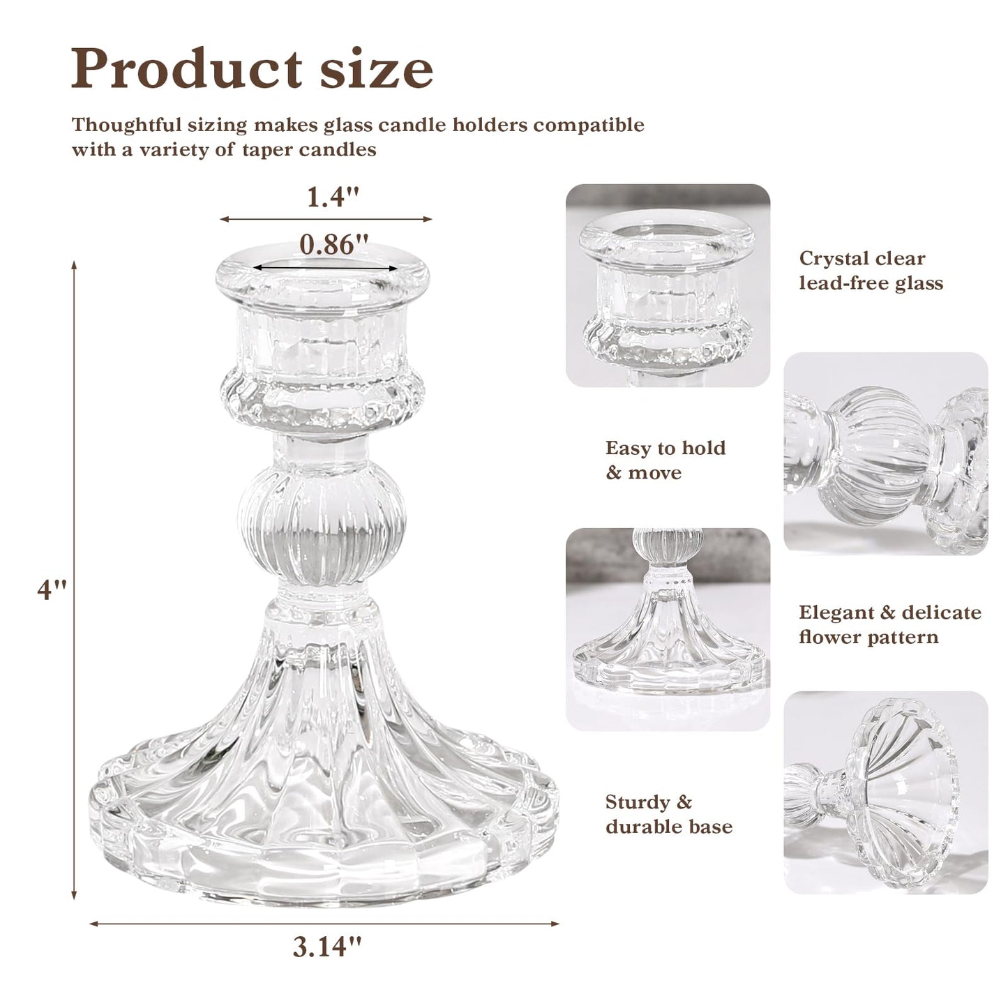 6 Pcs Clear Glass Taper Candle Holders – 4" Ribbed Candlestick Holders for Standard Candles | Elegant Centerpiece for Wedding, Party, Holiday & Home Decor