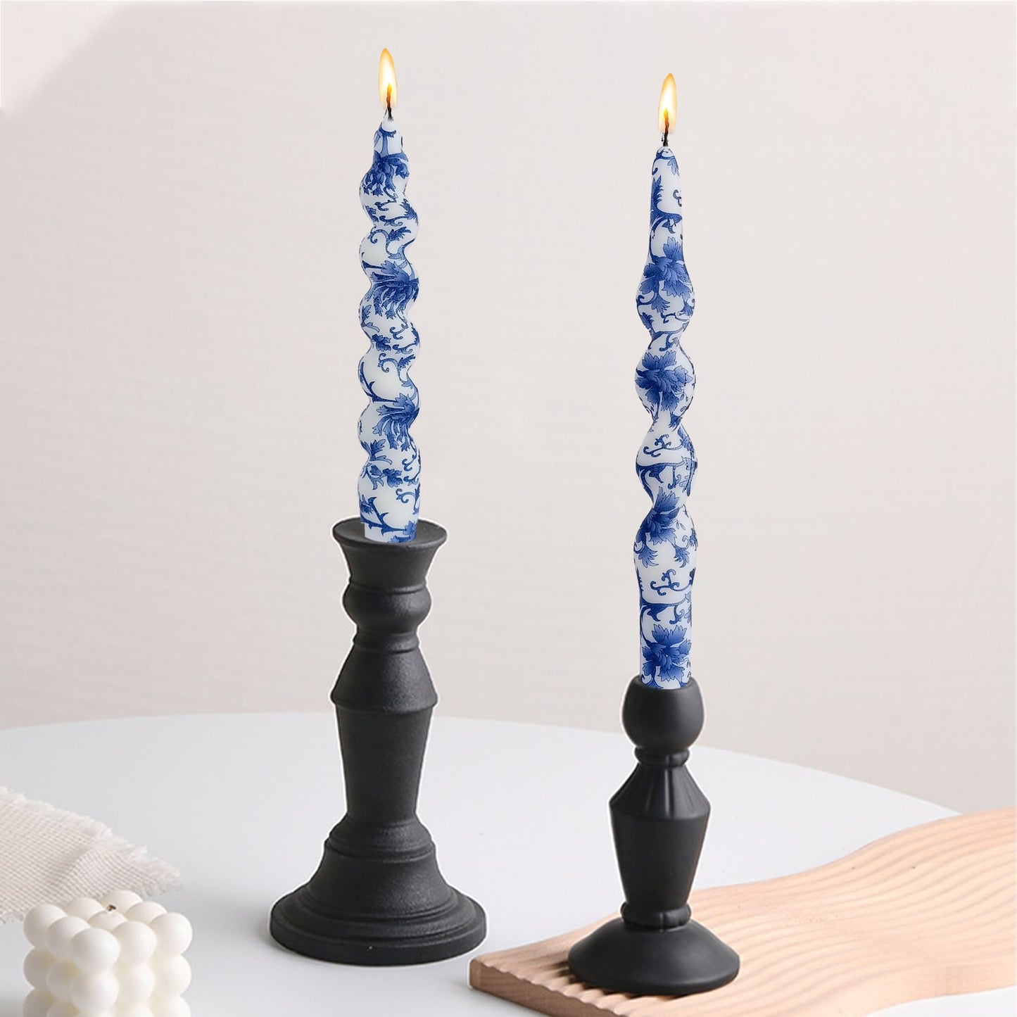 NJAO HOO Floral Taper Candles 10 in Spiral Candlesticks Hand Printed Blue and White Candlestick Twisted Taper Candle for Home Garden Decor, 2Pcs