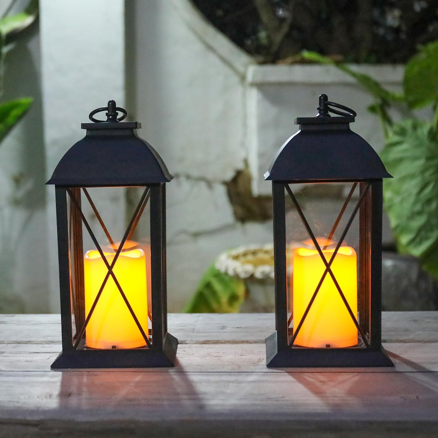 Bdor 2 Pack 13-Inch Black Decorative Lantern with LED Candle (6hr Timer) - IP65 Waterproof Battery Powered - Outdoor Patio Hanging Lanterns Decorative Tabletop Lanterns
