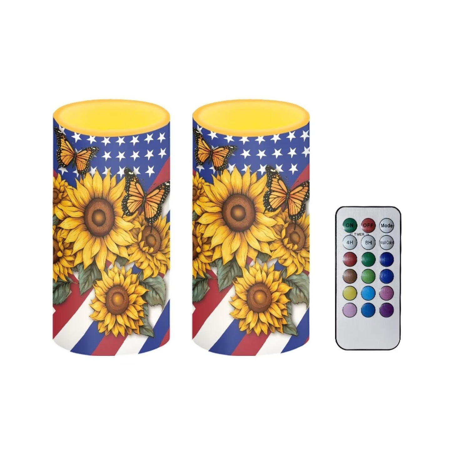Luarisgur Independence Decorations Indoor Candles with Butterfly Sunflower American Flag Flameless Candles with Remote and Timer Set of 2 Battery Operated LED Candles for Festival Gift Home Room Decor