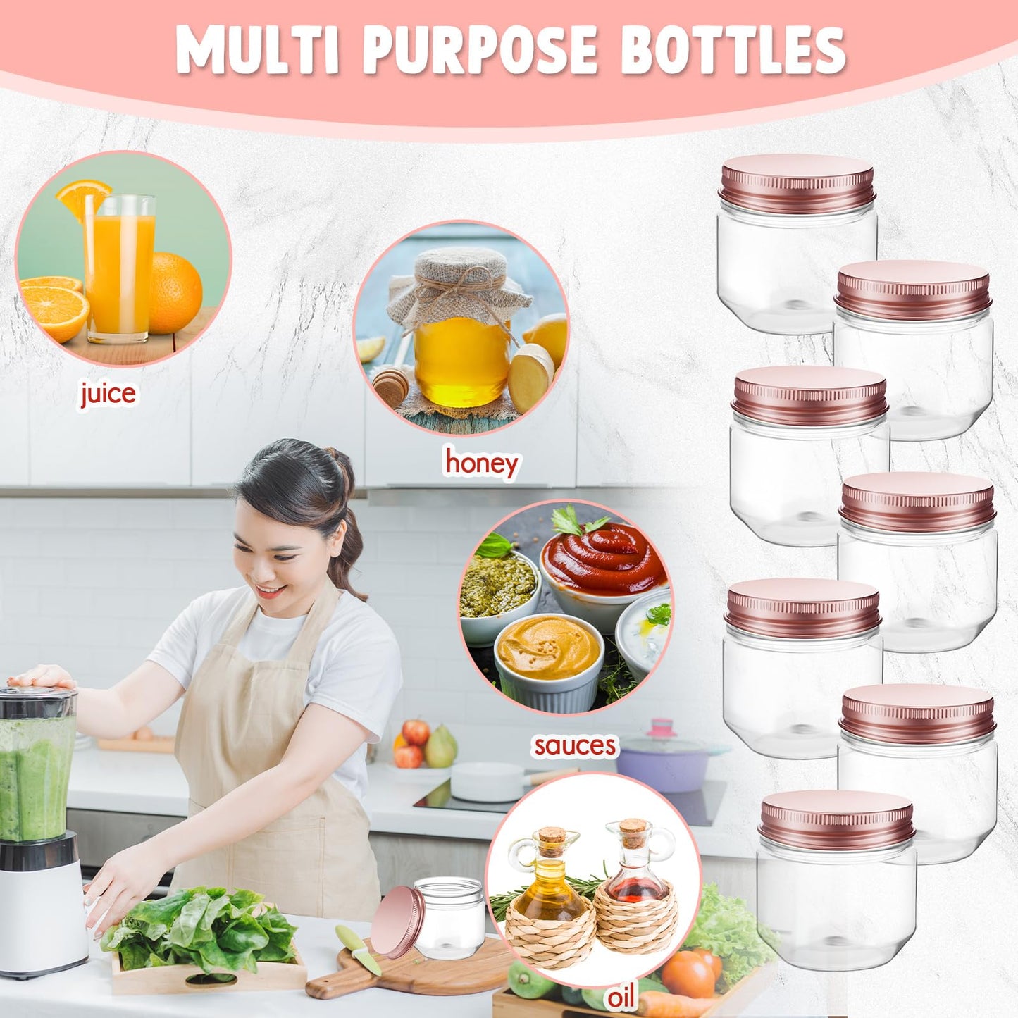 Tanlade 60 Pcs 3 oz Clear Plastic Jars with Lids Wide Mouth Mason Jars Mini Storage Containers Bulk for Herb Jelly Wedding Valentine Favors Shower Party Favors(Rose Gold)