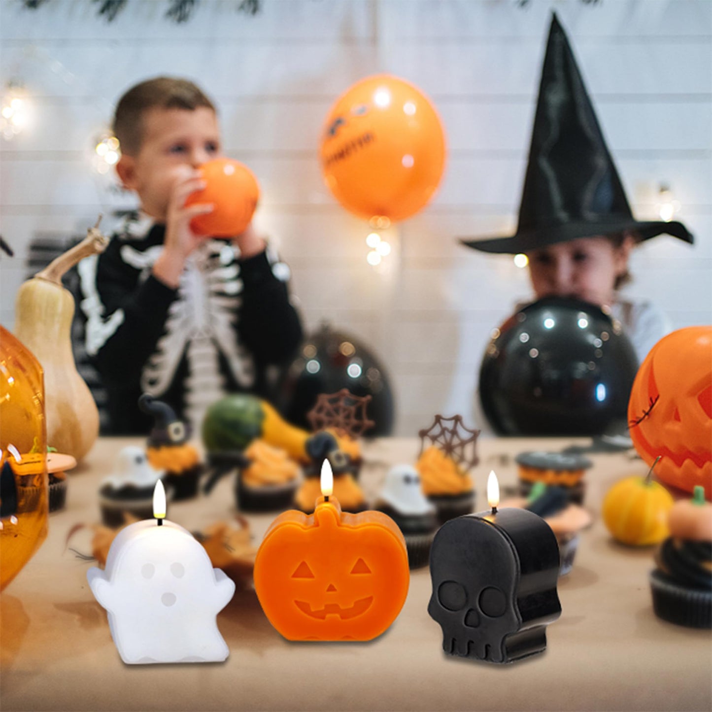 JOIONE Halloween Flameless Candles with Remote, 3D Flickering Flame Real Wax LED Battery Operated Candles, Cute Pumpkin & Ghost & Skull Halloween Candle for Party and Home Decorations, Set of 3