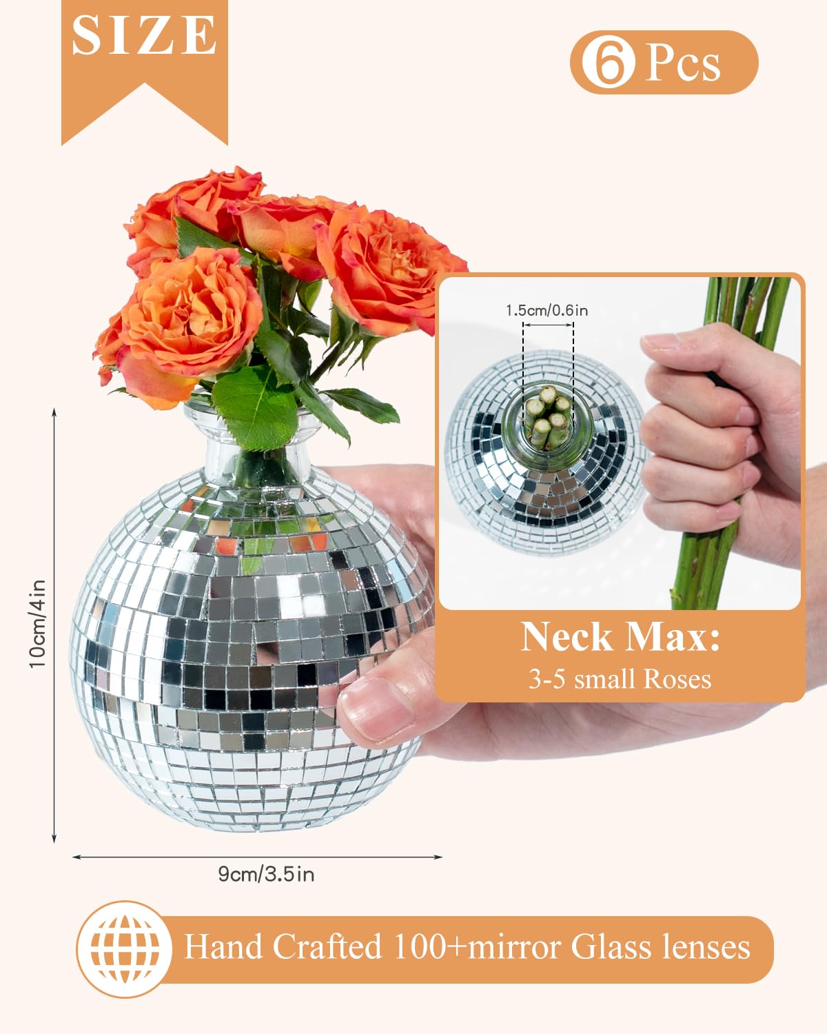 RGBDOT Disco Ball Vase for Centerpieces Disco Ball Planter for Flowers Silver Mirror Glass Disco Ball Decor for Table, Party, Wedding, Birthday, Home, or Bedroom(3.5" X 4")