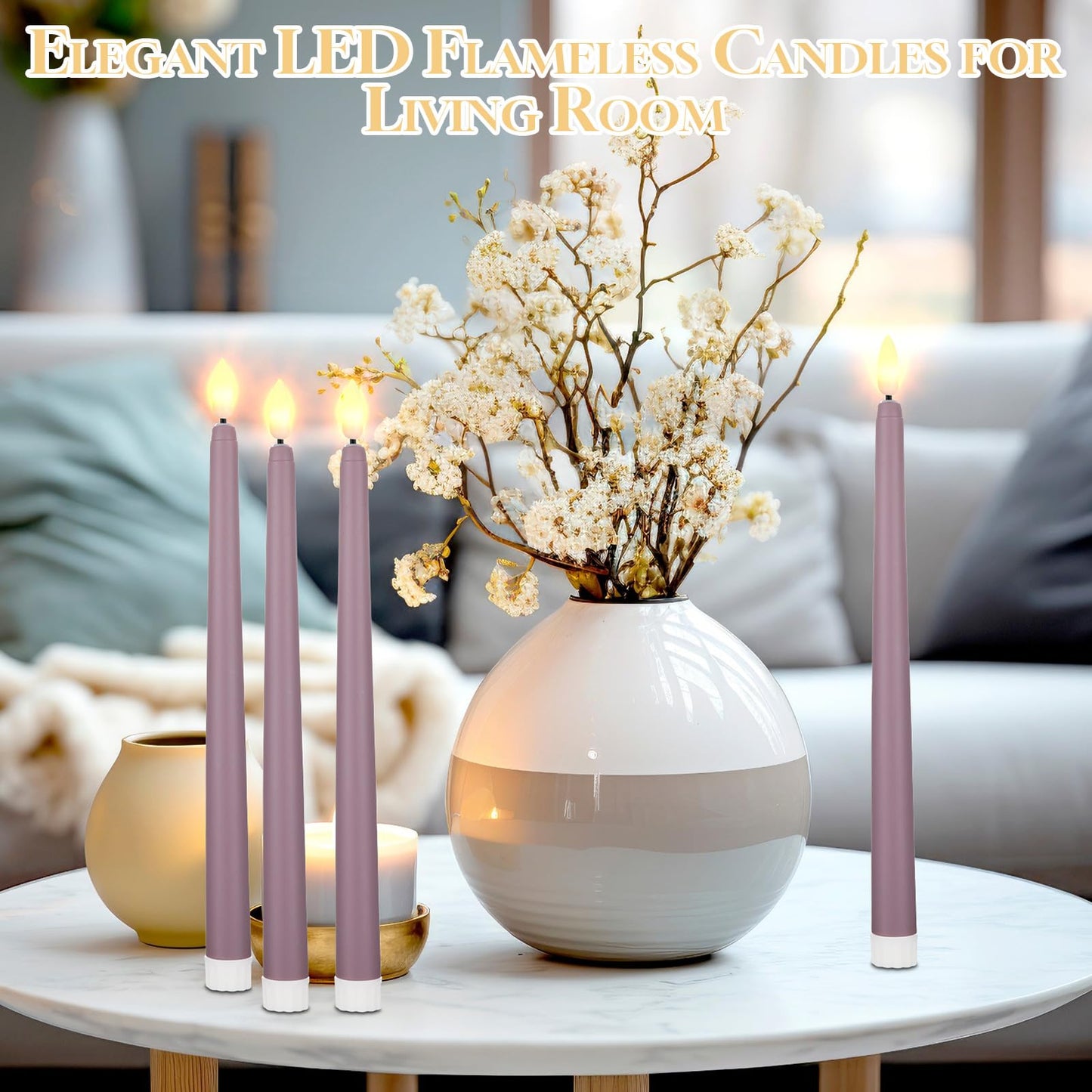 Macarrie 24 Packs Flameless Taper Candles Battery Operated Fake 11 Inch Long Candlelight LED Flameless Candlesticks Flickering Tapered for Summer Fall Wedding(Light Purple)