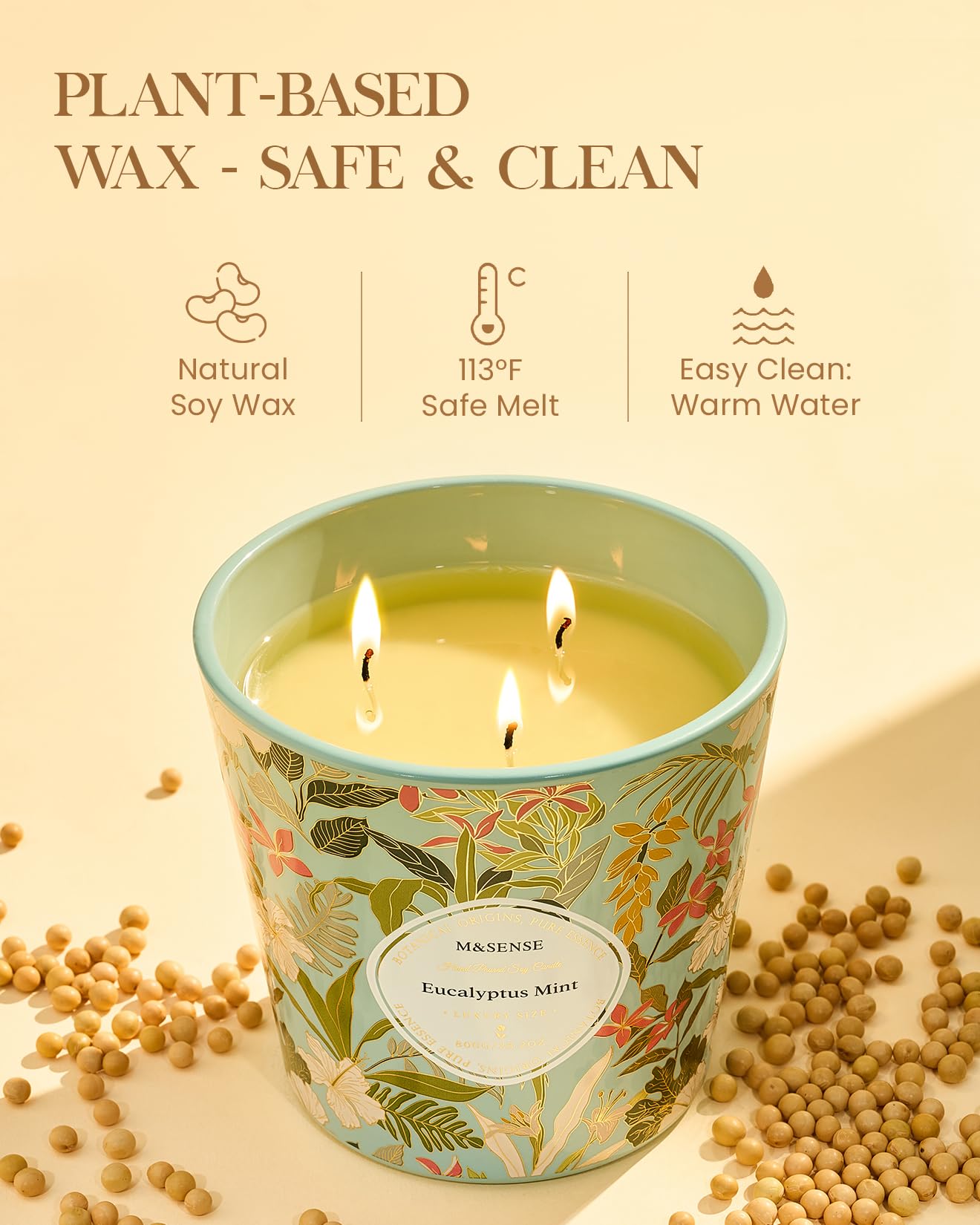 M&SENSE Eucalyptus & Mint Scented Candle, 28.2oz 3 Wick Natural Soy Wax Large Candles, Long Lasting Clean Slow Burning No Toxic Décor for Home Relaxation, Romantic Dates Gift-Giving