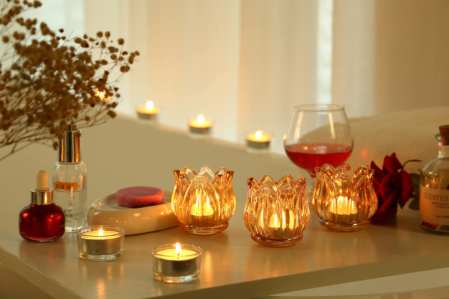 GOLDEAL 12Pcs Gold Votive Candle Holders, Thick Glass Tea Light Candle Holder Bulk, Tealight Candle Jars for Wedding Table Decor, Party Supplies, Bridal Shower Decorations, Centerpieces for Tables