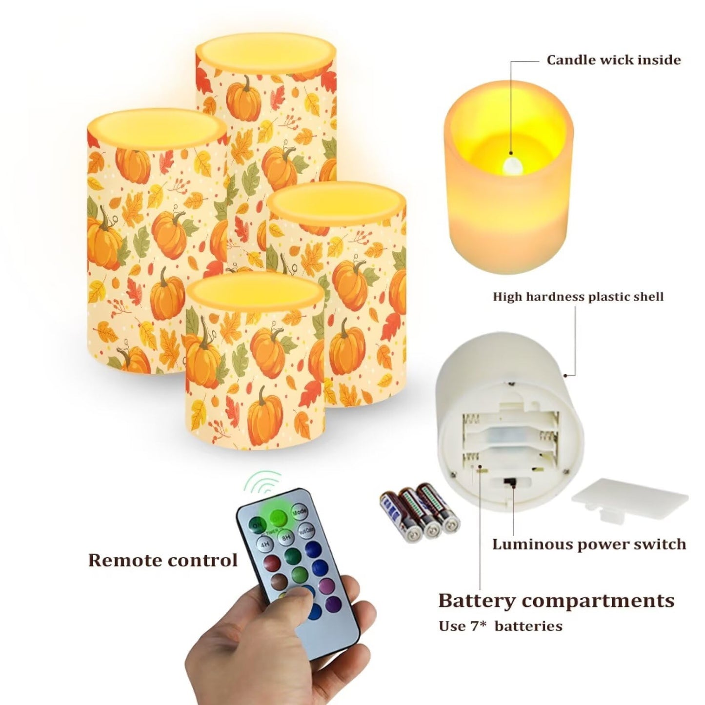 NETILGEN 4 Pcs Flameless Flickering Candles with Remote Timer Control Battery Operated LED Pillar Candles Maple Leaf Pumpkins Thanksgiving Day Decor