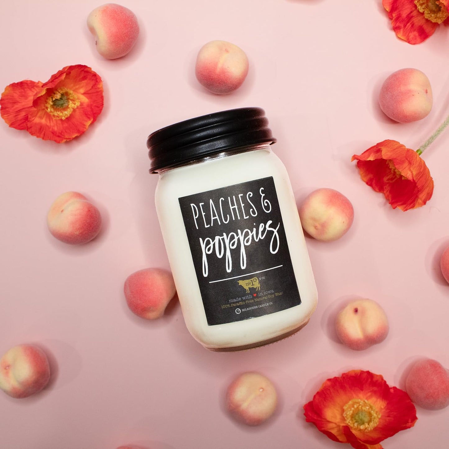 Milkhouse Candle Company Peaches & Poppies Soy Candle - Ripe Peaches | Wild Poppies | Vanilla Bean Scented - 13 oz Mason Jar with Lid, 70+ Hour Burn Time, Made in the USA