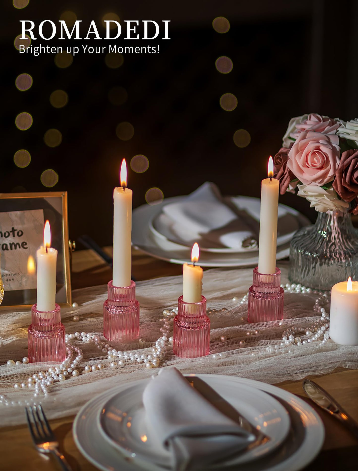Romadedi Pink Glass Candle Holders - 10 Pcs Ribbed Candlestick Holder Bulk for Table Centerpiece Elegant Taper Holder for Wedding Birthday Party Baby Showers Valentines Mother's Day Christmas
