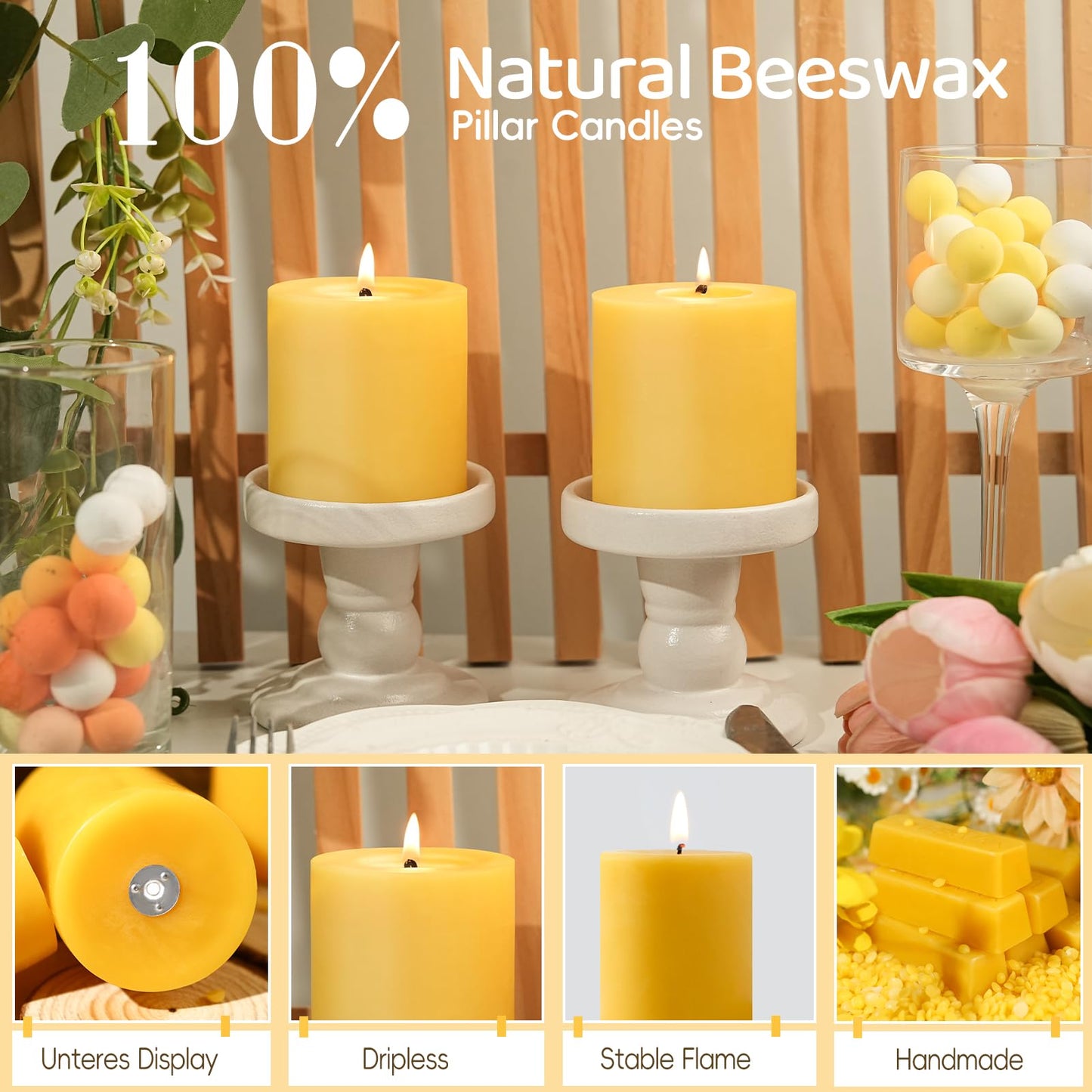 1 Pack 100% Pure Beeswax Candles,45 Hours Long Burning-Natural Beeswax Pillar Candles for Emergency,Unscented Bees Wax Candles for Home,Paryer,Parties,Pillar Candle Bulk 2.8x3in