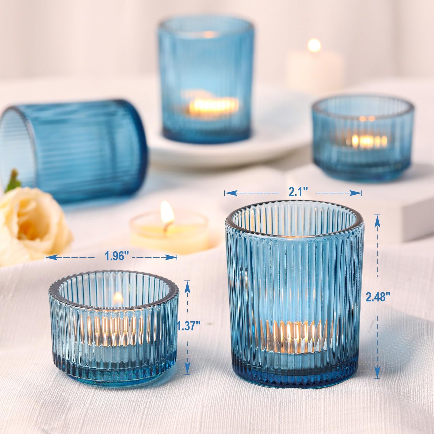 NITIME 20pcs Ribbed Blue Votive Candle Holders, Assorted Tea Lights Candle Holder, Blue Glass Candle Holders for Table Centerpiece, Wedding Table Settings and Party Decorations