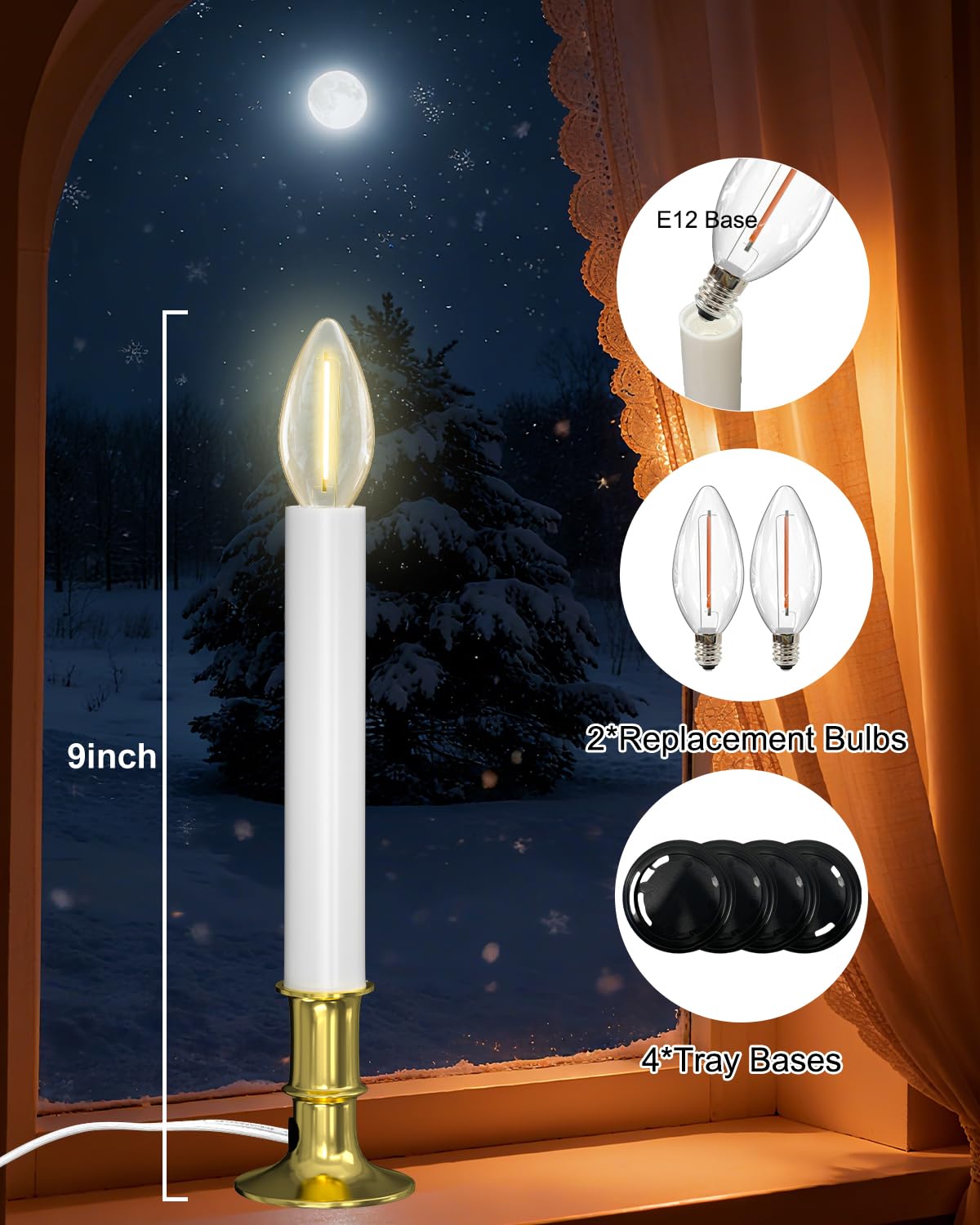 SUNSGNE Christmas Electric Window Candle Lights with Auto Sensor, Dusk to Dawn Candle Lamps with Gold Plated Base, 9'' Plug in Candle Lights with 0.6W LED E12 Bulbs for Window Table Decor, 4 Pack