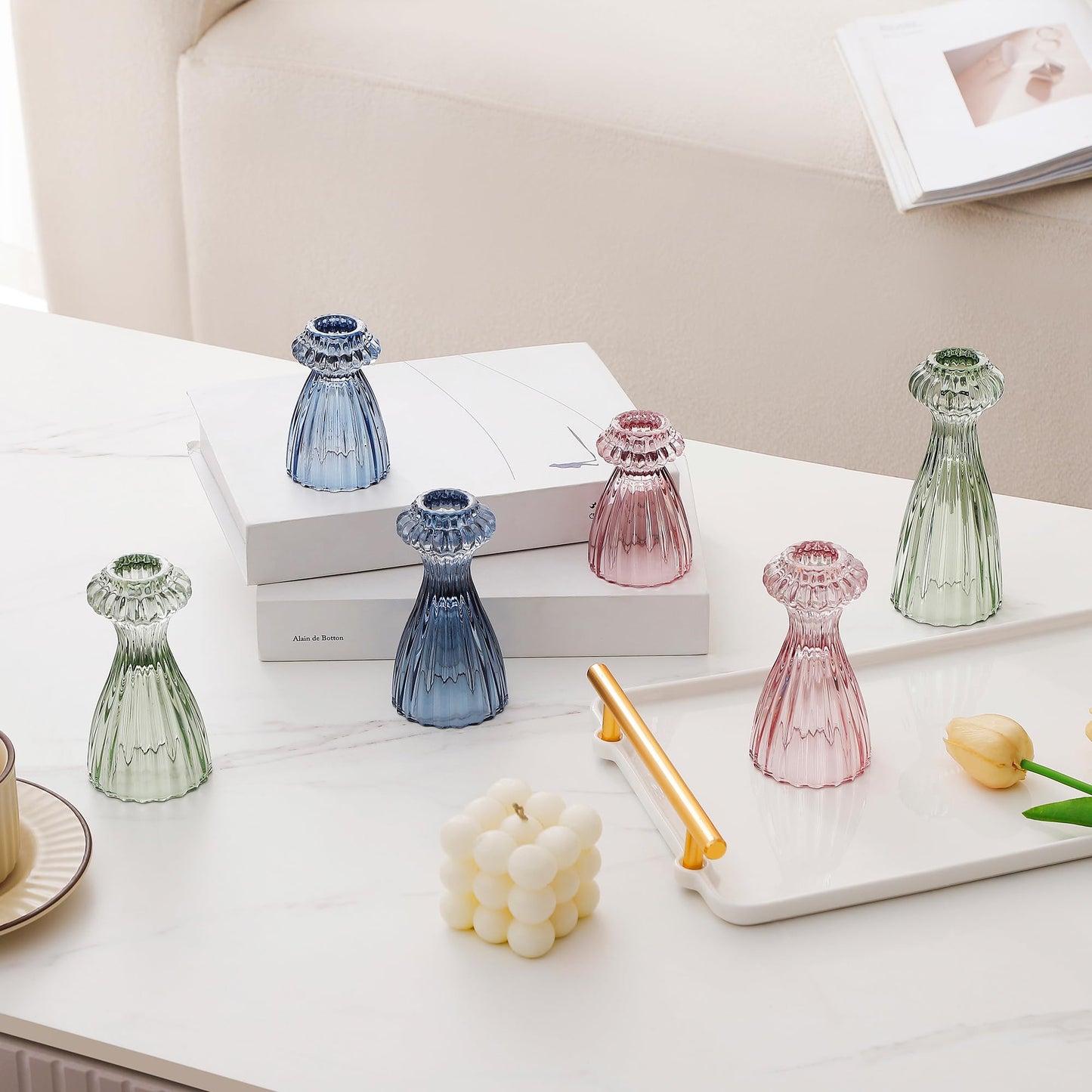 Lysenn Glass Candle Stick Holder Set of 3 – Premium Taper Candle Holders for Romantic Ambiance - Candle Sticks Holder Decor for Special Occasions - Green