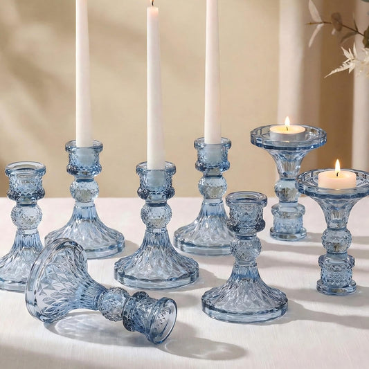 Simeitol Glass Candle Holder Set of 12, Blue Taper Candle Holders Bulk, Vintage Candlestick Holders, Candle Stick Holder for Table Centerpieces, Wedding, Festival & Home Decor