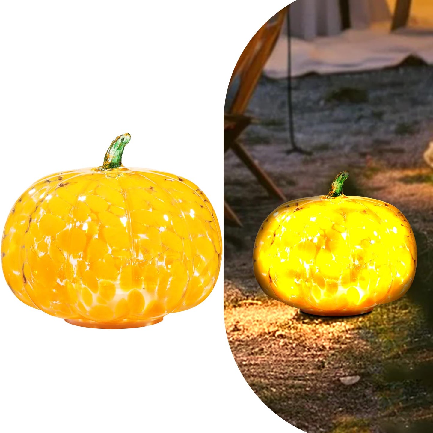 Naboher Handcrafted Glass Pumpkin with Warm LED Lights - Halloween & Thanksgiving Decor, Gift-Worthy Fall Home Decoration, 5.9-Inch Light-Up Tabletop Centerpiece (Green Leaf Orange)