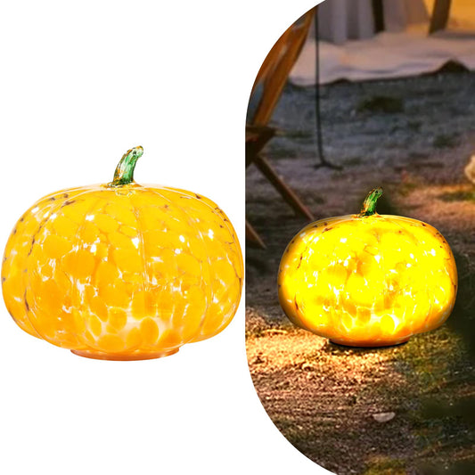 Naboher Handcrafted Glass Pumpkin with Warm LED Lights - Halloween & Thanksgiving Decor, Gift-Worthy Fall Home Decoration, 5.9-Inch Light-Up Tabletop Centerpiece (Green Leaf Orange)