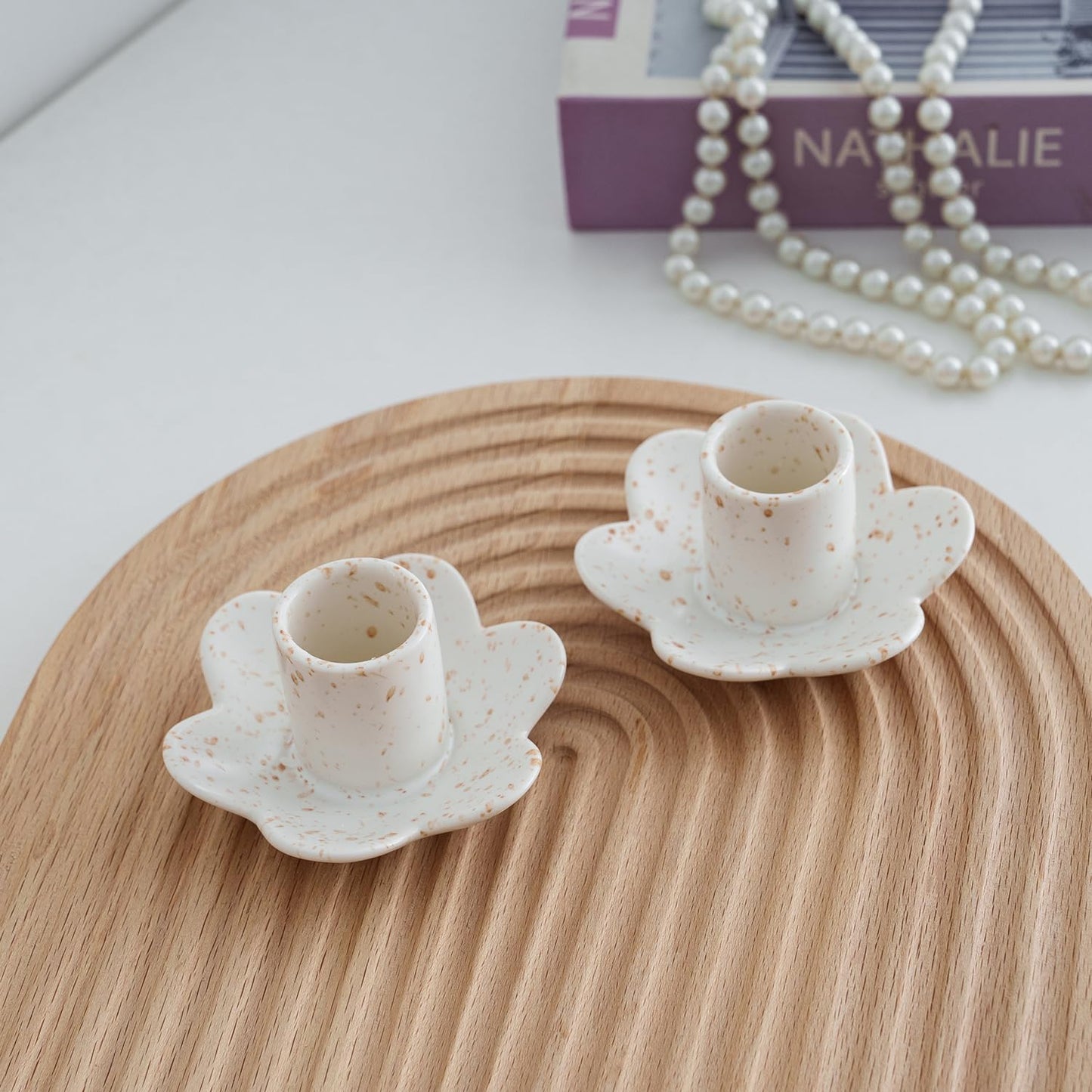 VIRFONOR Ceramic Taper Candle Holders for Table Centerpiece, Decorative Candlestick Holders for Home Wedding Party, Housewarming Gifts, Pack of 2, Flower Shape, White