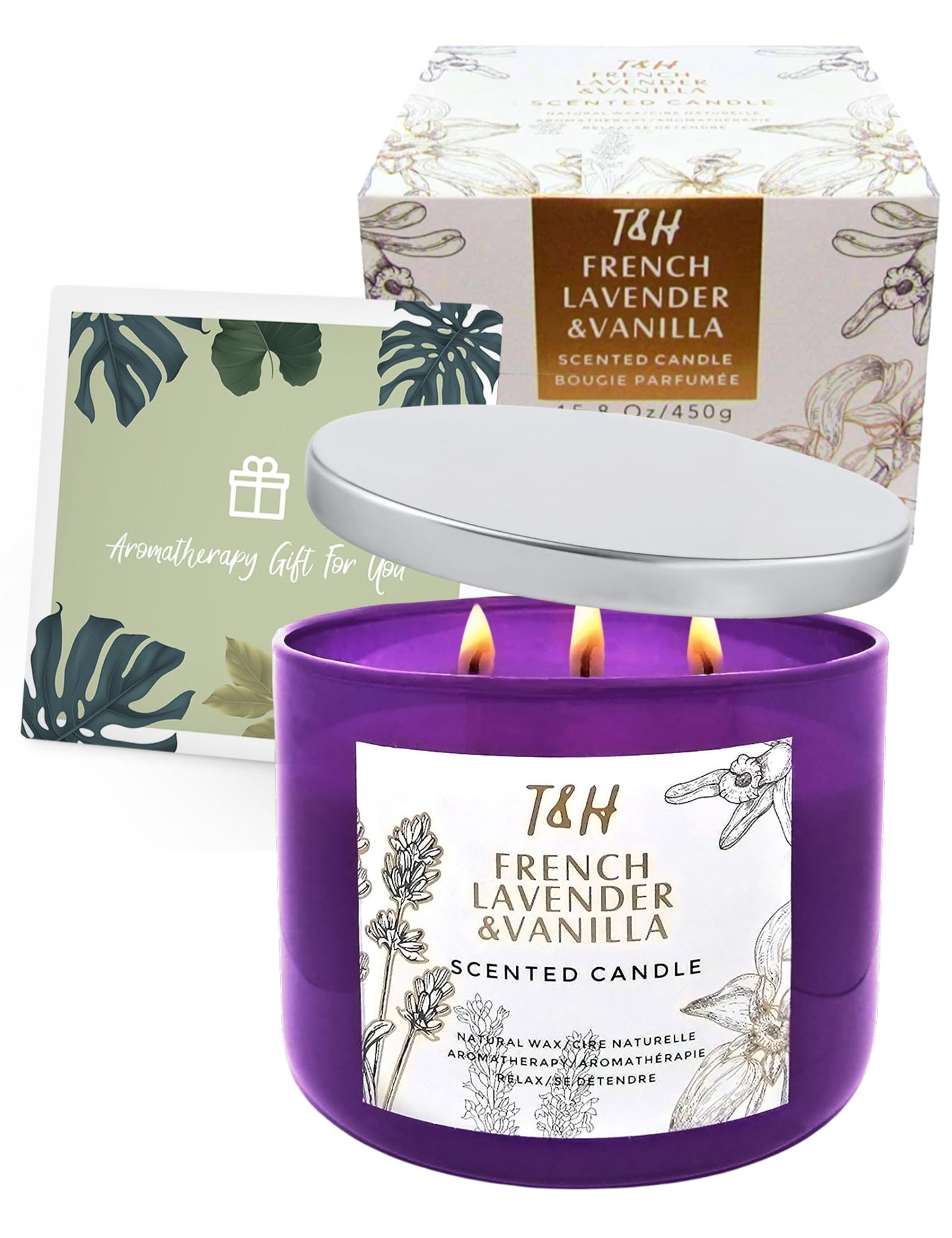 French Lavender Vanilla 3-Wick Scented Candle | 15.8 oz Large Soy Aromatherapy Candle for Home | Clean Burn Long Lasting | Relaxing Floral Vanilla Scent | Cozy Gifts for Women & Men