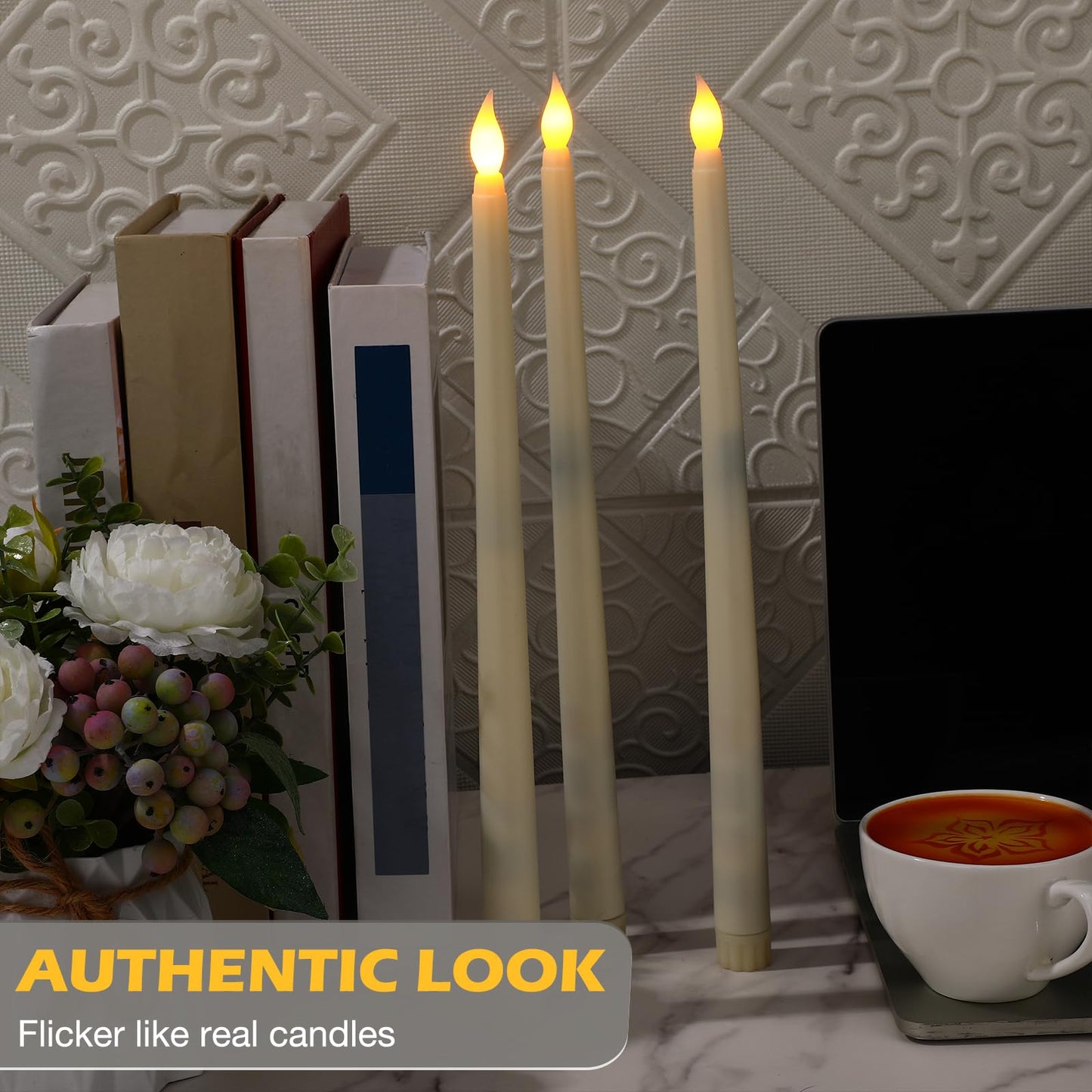 Tuanse 24 Pack 24 Pack Flameless Flicker Taper Candles Bulk with Remote and Timer, Battery Operated LED Warm White Taper Candles Light for Home Wedding Decoration Gifts (Beige,12 Inch)