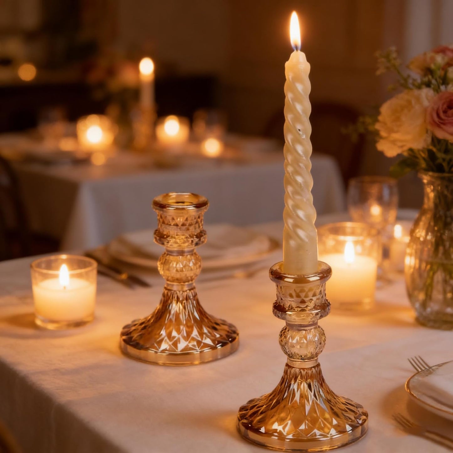 Gold Candle Holders -Glass Taper Candle Holders for Table Centerpiece for Table Centerpiece Wedding Party Festive Christmas Mantel Decoration or Home Decor Set of 2