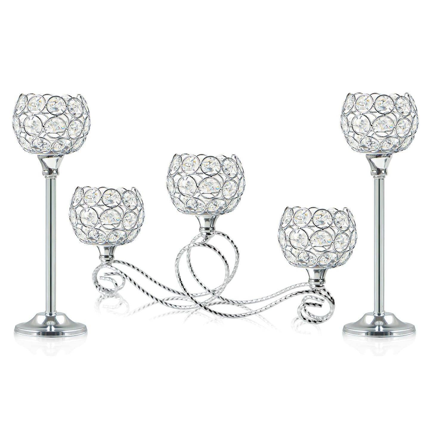 Silver 5 Arm Metal Crystal Tea Light Candle Holder, Elegant Wedding Table Centerpiece Candle Holder, Christmas Wishing Crystal Bowl Candle Holder Suitable for Wedding Party Living Room Decoration