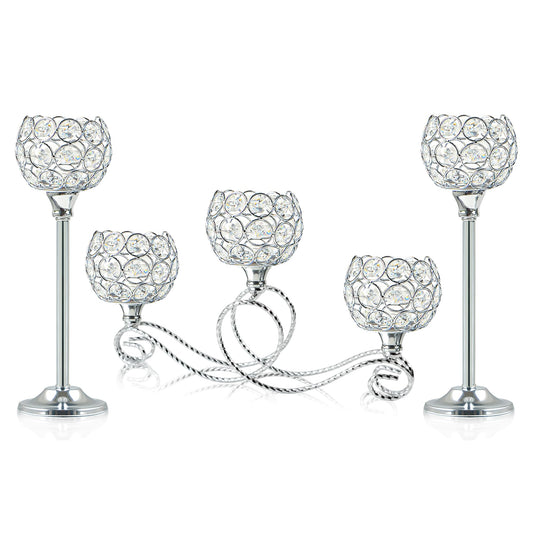 Silver 5 Arm Metal Crystal Tea Light Candle Holder, Elegant Wedding Table Centerpiece Candle Holder, Christmas Wishing Crystal Bowl Candle Holder Suitable for Wedding Party Living Room Decoration