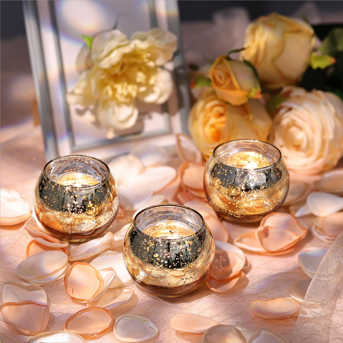 LETINE Gold Mercury Glass Votive Candle Holders - Set of 36 | Elegant Gold Tealight Candle Holders for Table Centerpieces,Spring Summer Weddings, Rehearsal Dinners, Valentine's Day Decorations
