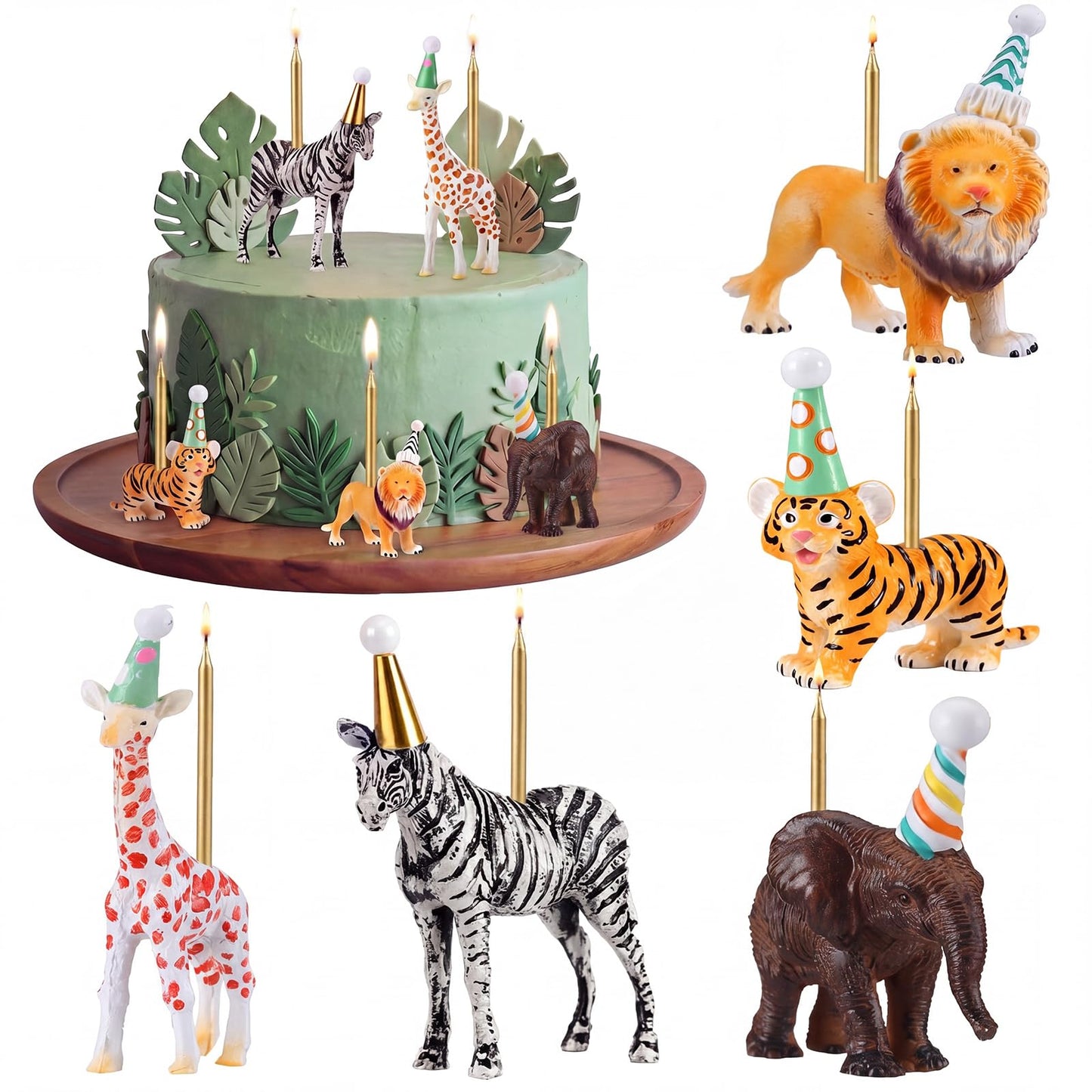 BrightRow 5 Pcs Safari Jungle Animal Cake Candle Holders Resin Animals Figures Cake Topper Birthday Party Decor Giraffe Lion Elephant Zebra Tiger Candle Stands for Wild Animals Themed Party Decor