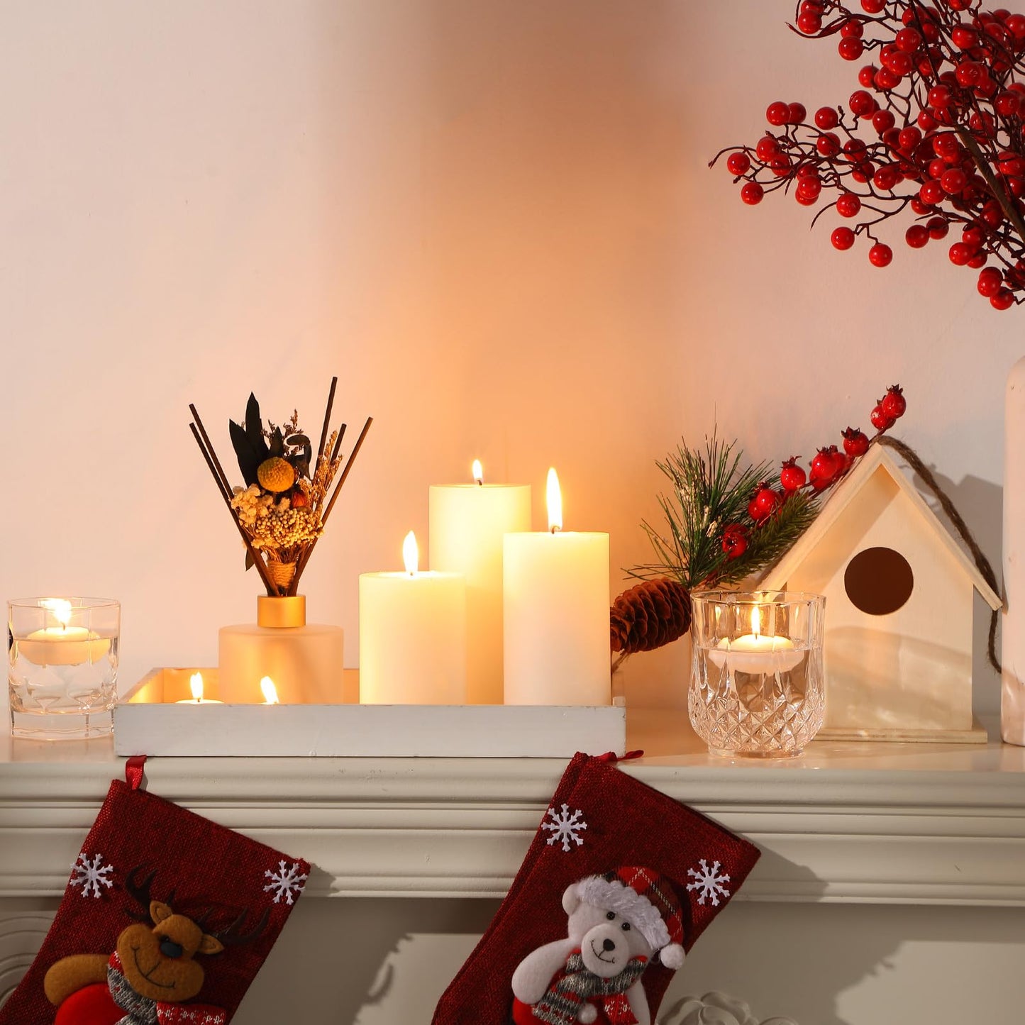 MTLEE 36 Pcs Thanksgiving Day Floating Candle 1.75'' 18 Pcs White Pillar Candles 4'' 5'' 6'' Diameter Dripless Wax Burning Unscented Decorative for Banquet Wedding Dining Party Home Decor