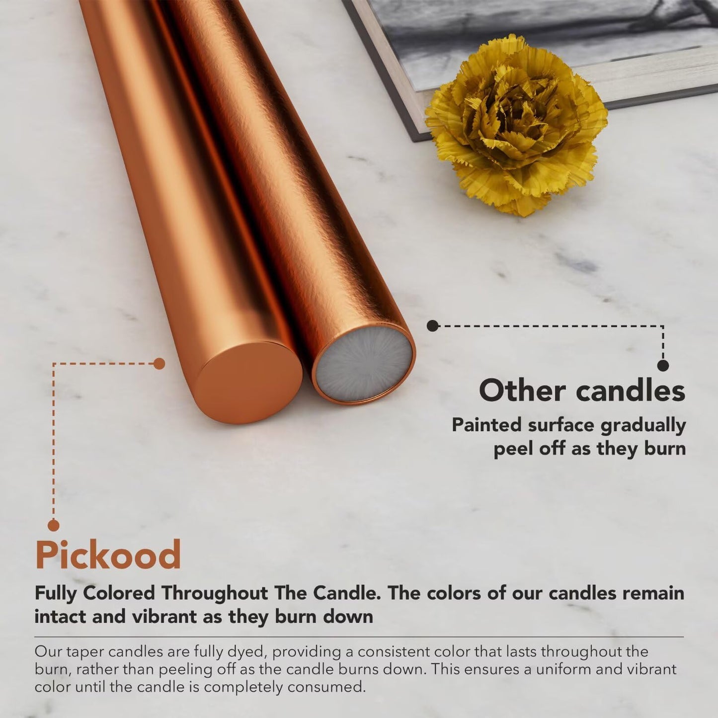 Pickood 12-Inch Tall Dripless Taper Candles Set of 4 - Metallic Copper Tapered Candles, Perfect for Christmas - Smokeless, Unscented, Long Burning - Hand Poured, Colored Tall Candlesticks