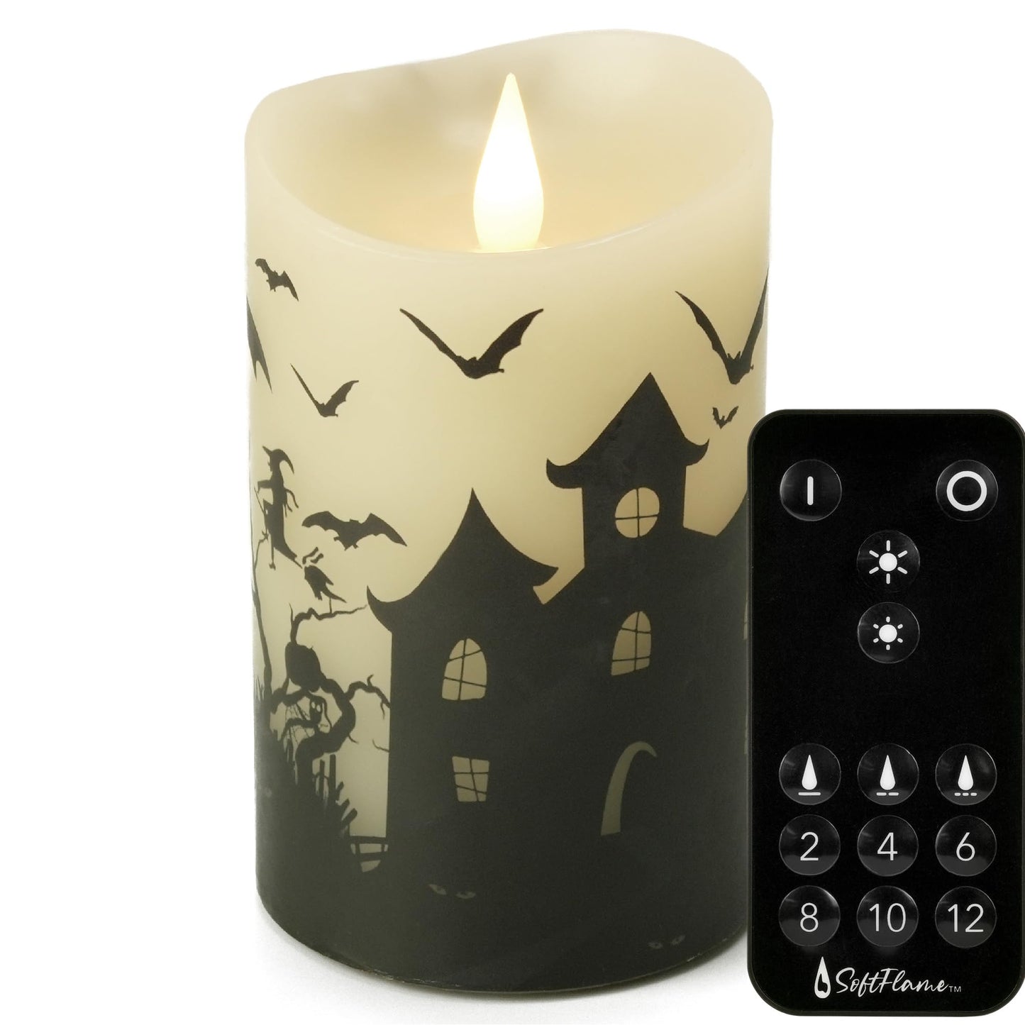 Softflame Halloween Flameless LED Candles with Remote Control, 3"x 5"Battery Operated Pillar Real Wax with Timer for Halloween Decorations, Ghost House Candle
