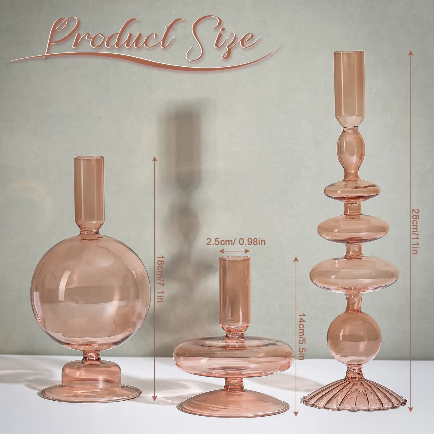 Rtteri 3 Pcs Glass Candlestick Holders Glass Candle Holders Groovy Wavy Elegant Taper Candle Stick for Wedding Home Birthday Party Easter St Patricks Day Decoration Windowsill Decor(Light Brown)