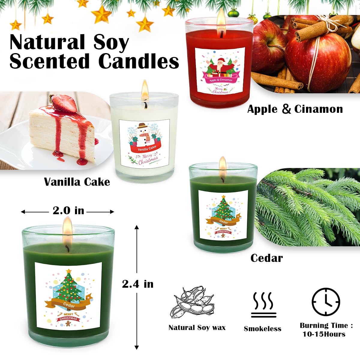 Christmas Scented Glass Votive Candle Set - 12 Pack, Holiday Fragrances: Apple & Cinnamon, Vanilla Cake, and Cedar - Festive Decor Candles for Home Parties Gifts