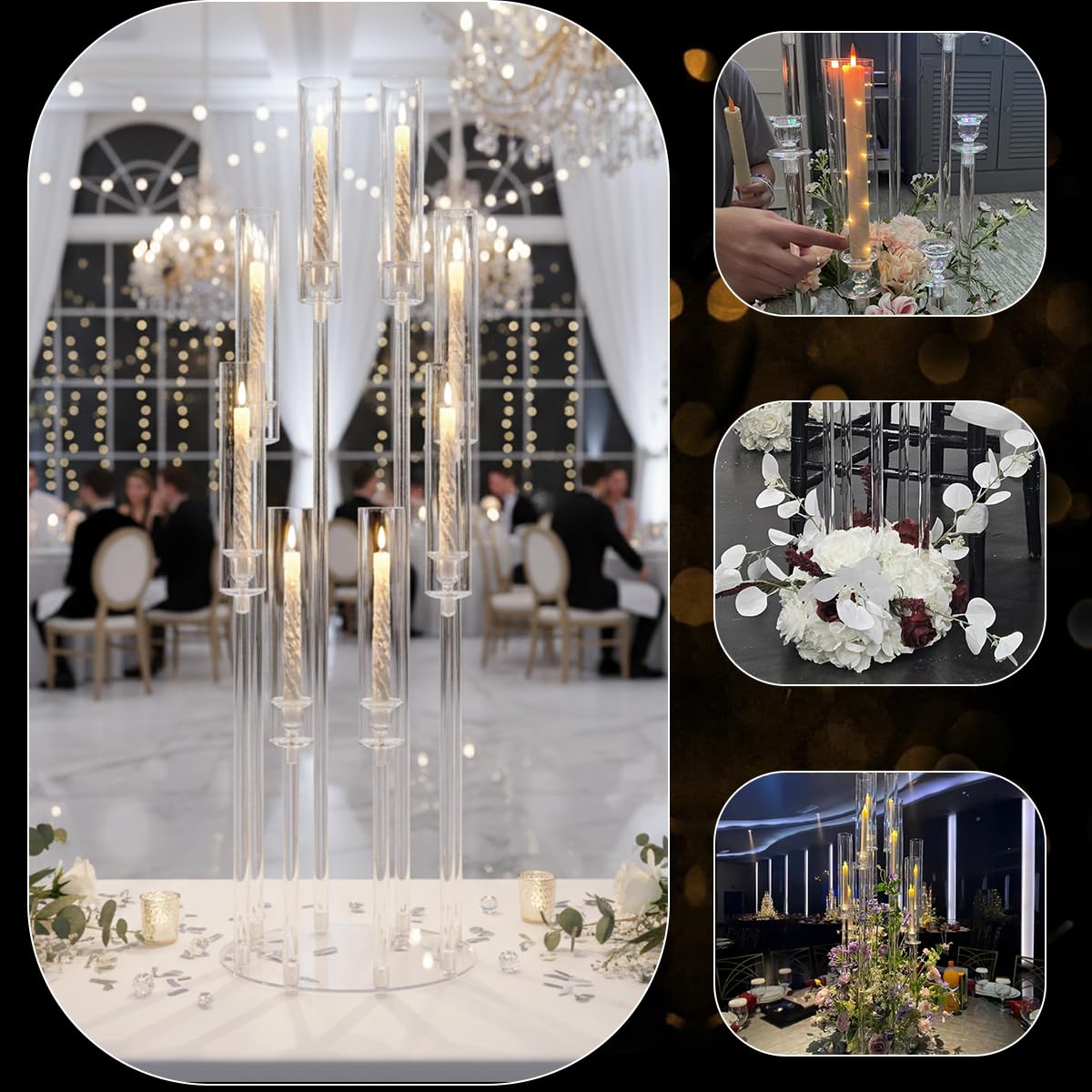 10PCS 8 Arm Acrylic Candelabra Candle Holder for Wedding,Tall Clear Candlestick Holders with Shade for Tables Party Grand Event Valentine's Day Dinner Decoration (Fit 0.8" Led Candles)