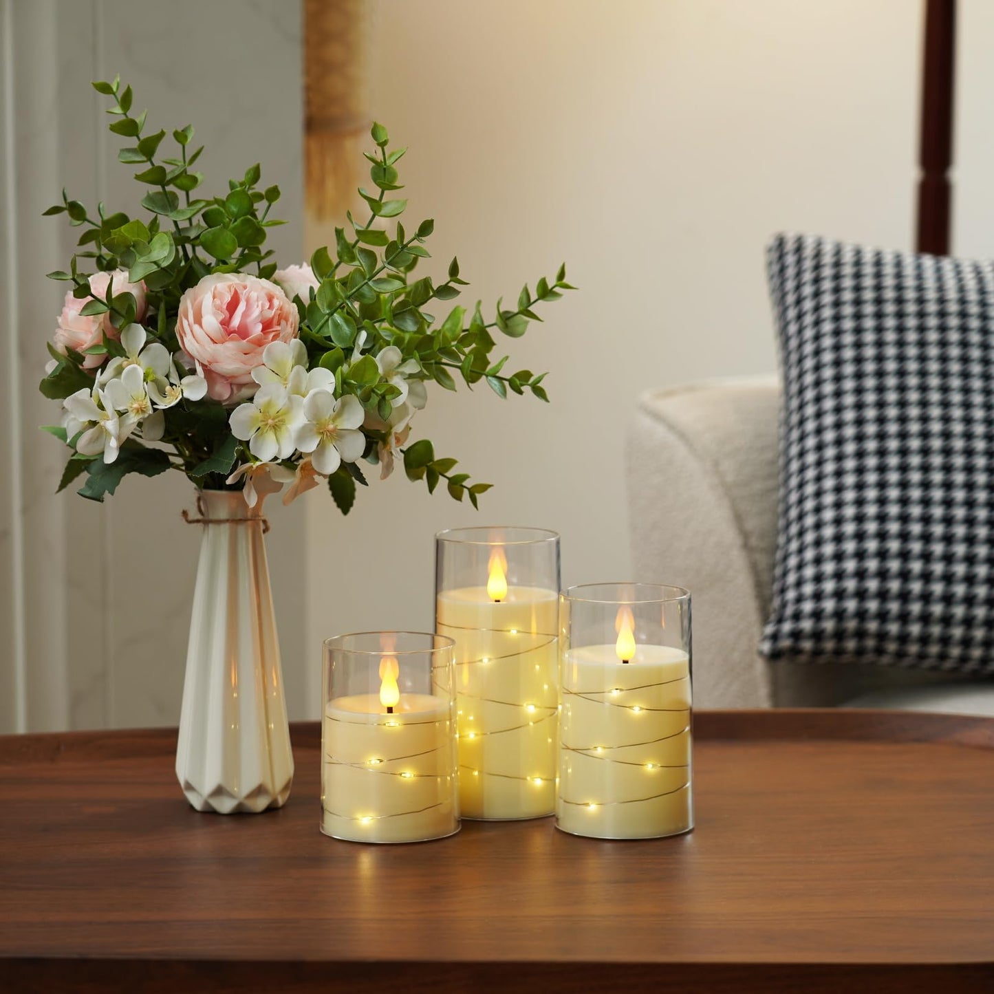 Amagic LED Flameless Candles, Battery Operated Candles with Embedded Fairy Lights, Acrylic Fake Candles with Remote and Timer for Wedding Home Decor, Ivory White, Set of 3, D3 x H4 5" 6"