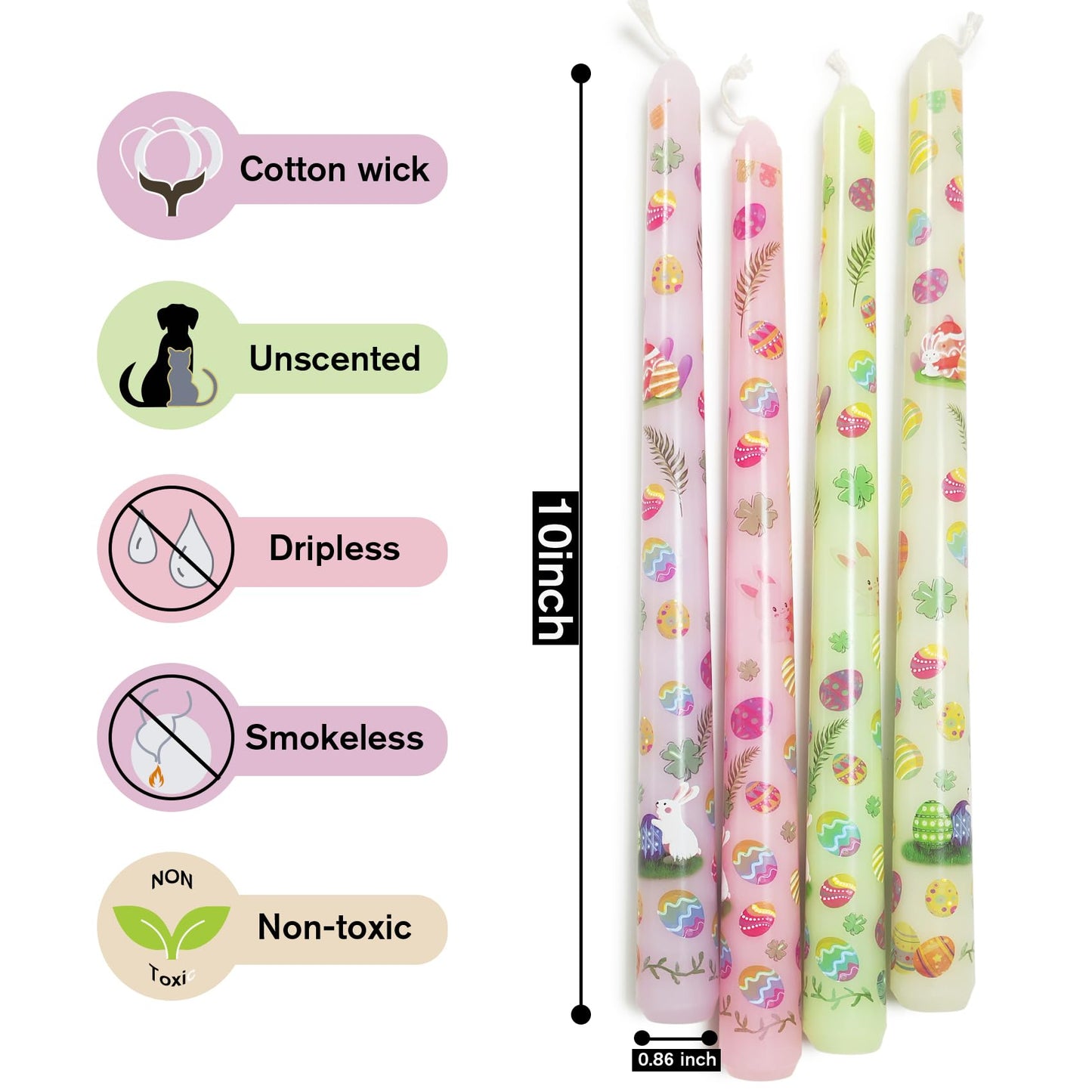 10 Inch Easter Egg Taper Candles 4 Pcs Unscented, Smokeless, Dripless Long Tapered Candlesticks Candles for Easter Dinner Party Home Decor