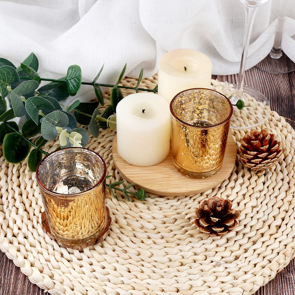 BTGLLAS 36pcs Gold Glass Tea Light Holders - Votive Candle Holders Bulk for Weddings Events - Glass Votives for Wedding Centerpieces, Christmas, Thanksgiving - Candle Accessories Decor (36, Gold)