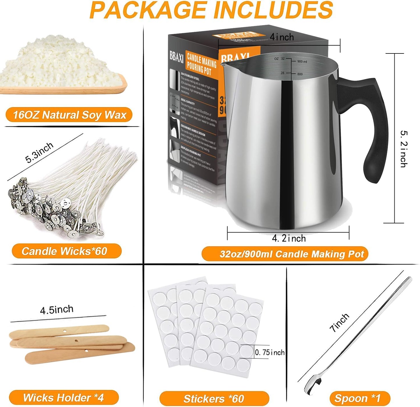 BBAXI Candle Making Kit - 32oz Pouring Pot, 16oz Soy Wax, Wooden Wick Holders, Candle Wicks, Stickers and Spoon