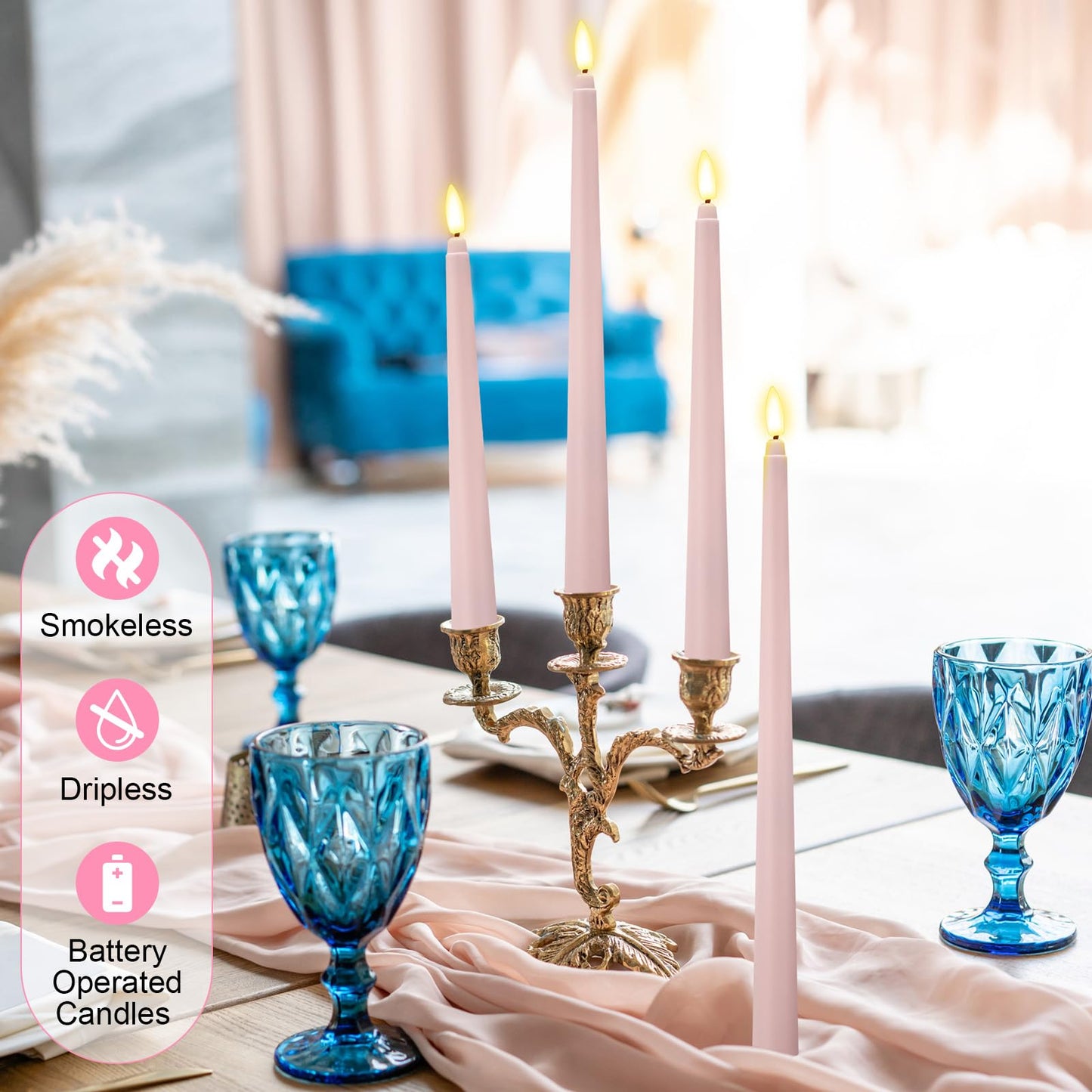 Rossesay 24 Pcs Flameless LED Taper Candles Battery Operated Candle 8.5", 9.65", 10.8", 12.8" Flameless Candlesticks Flickering for Christmas Church Wedding Indoor Decoration(Classic, Dusty Pink)