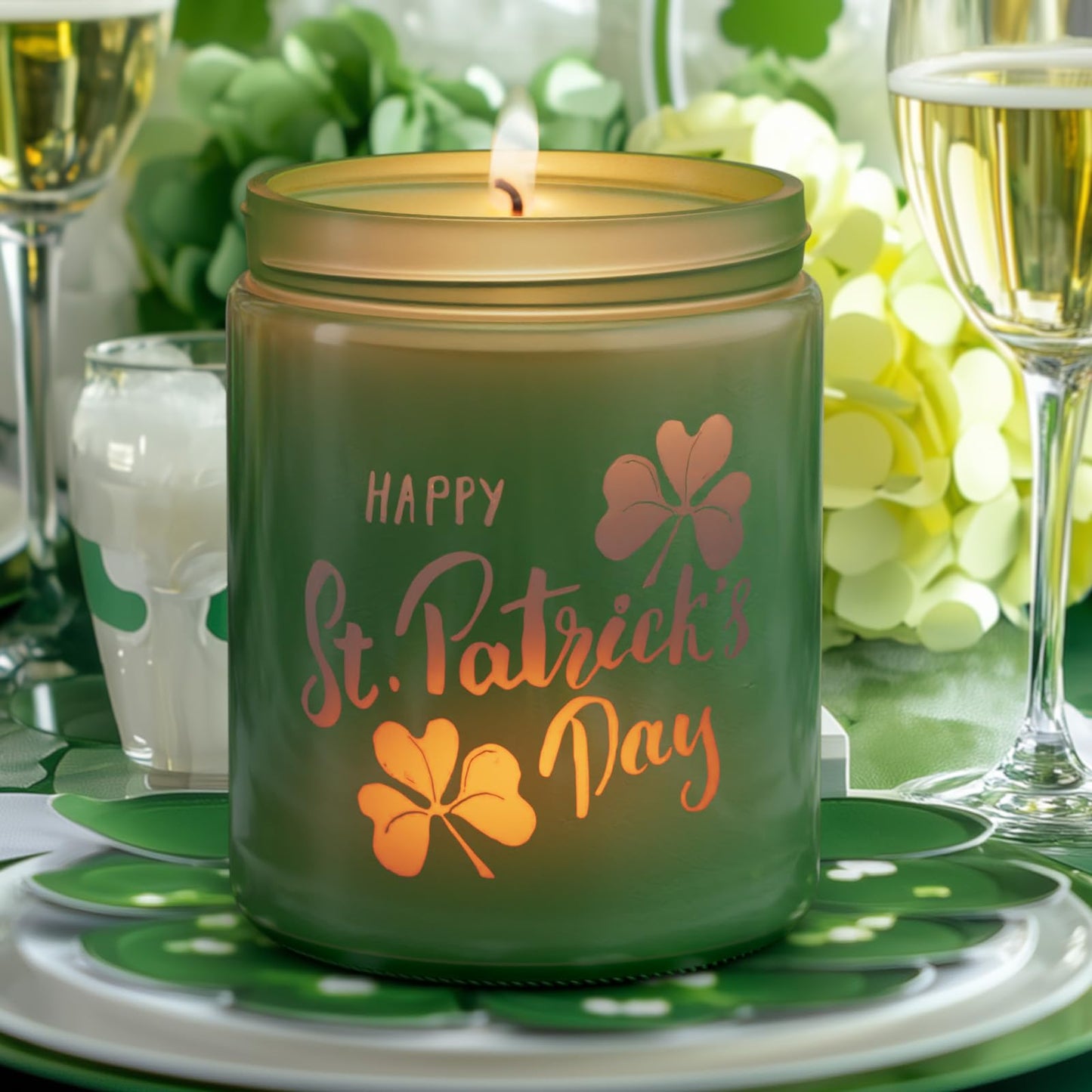St. Patrick's Day Candle with LED, 100% Soy Wax Jar Candle, Lucky Shamrock Gifts for Friend, Aromatherapy Candles for Women Home, Jasmine Scent Candles,Over 40 Hours of Burn Time