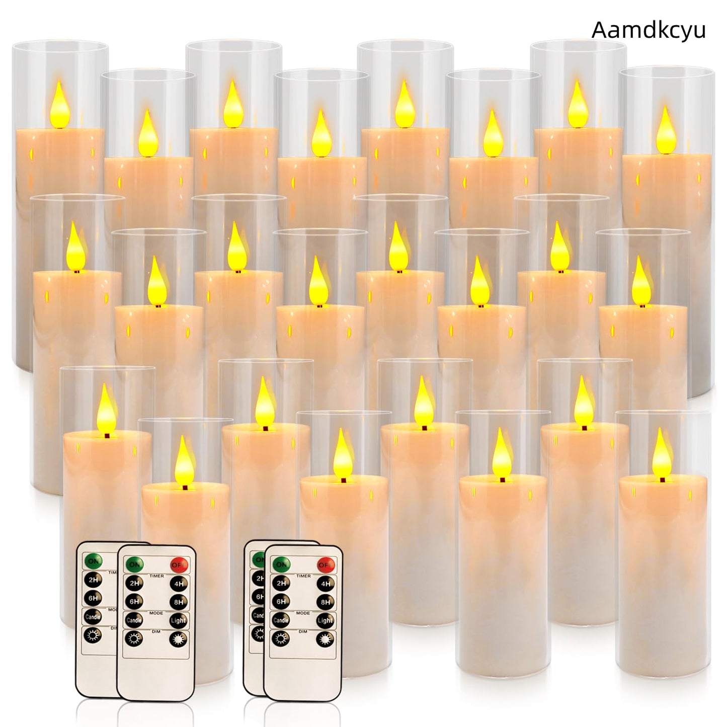 Aamdkcyu 24-Pack Premium Flameless LED Candles - Elegant White & Clear Acrylic Pillar Design with Realistic Flickering Flame, Remote Control & Timer for Weddings, Christmas, Halloween & Home Decor
