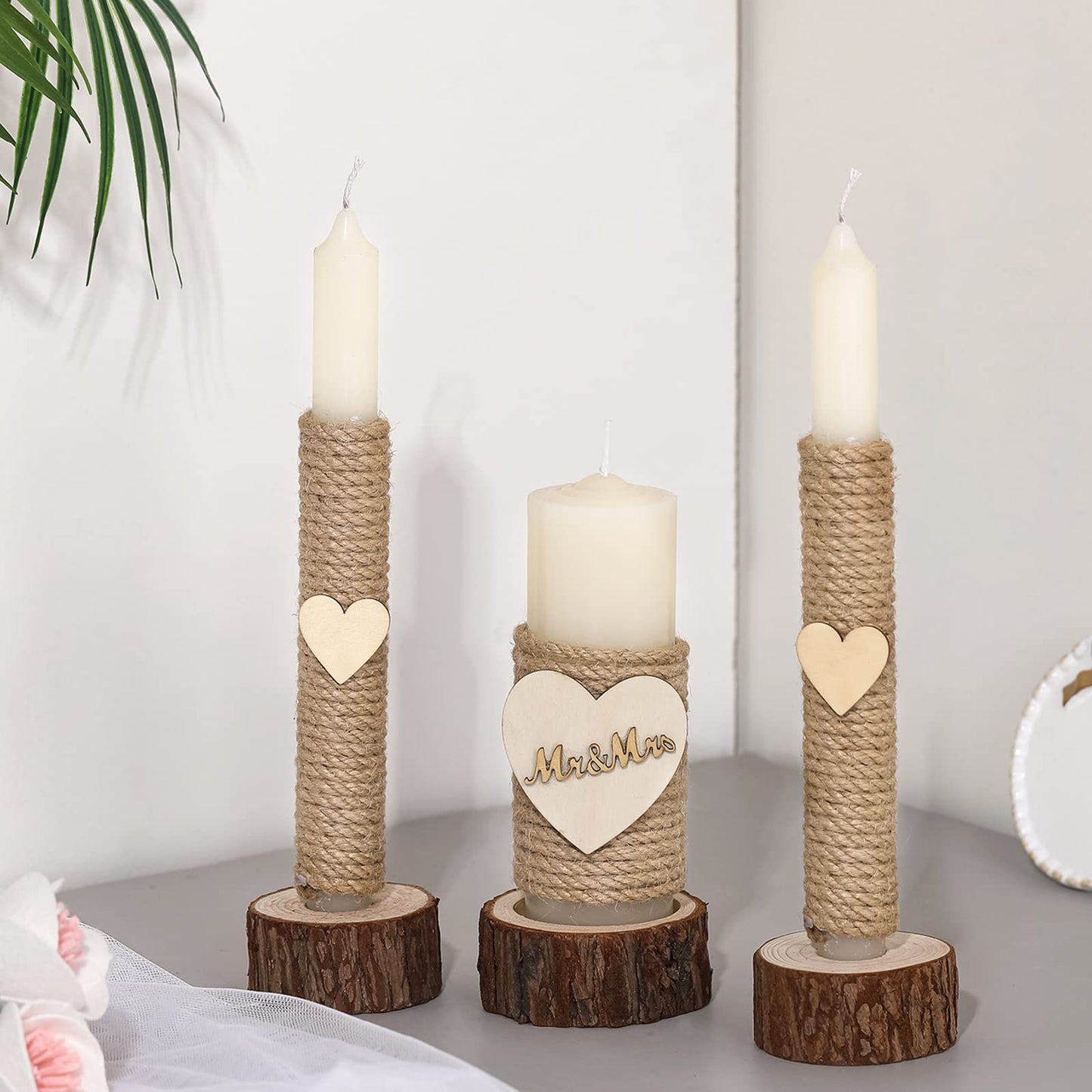 Amyhill 3 Pcs Rustic Unity Candles for Wedding Ceremony Set Mr and Mrs Burlap 1(5.9'') Pillar 2(9.8'') Taper Candles for Weddings Ceremony Events Decor Emergency Lighting(Romantic Style)