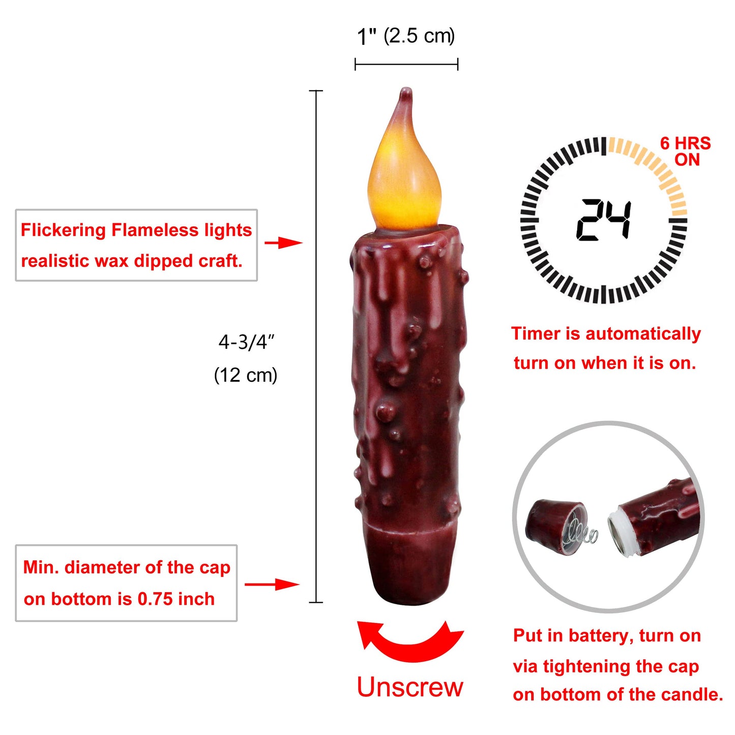 CVHOMEDECO. Real Wax Hand Dipped Battery Operated LED Timer Taper Candles Country Primitive Flameless Lights Décor, 4-3/4 Inch, Burgundy, 3 PCS in a Package