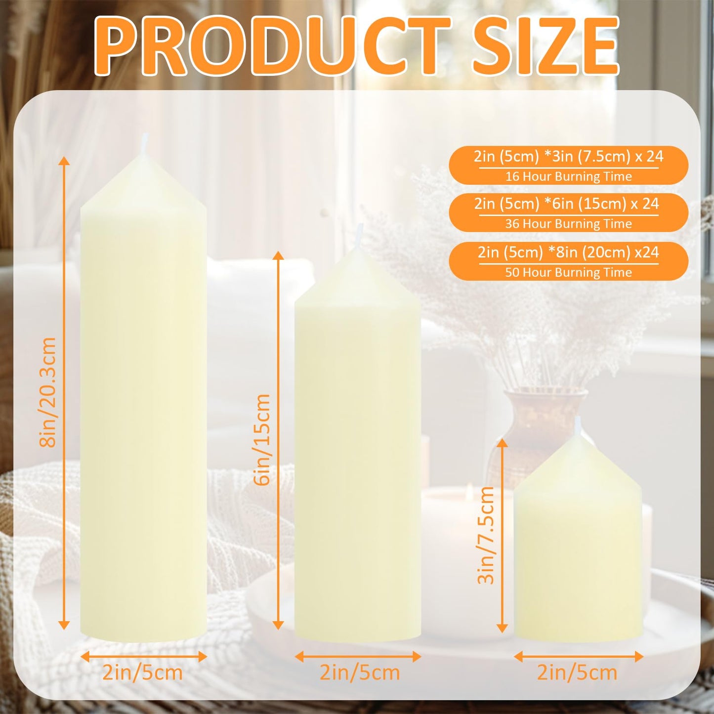 Trxvxo 72 Pcs Ivory Pillar Candles Bulk Set，3 Different Lengths 2 x 3/6/8 Inch (24 Each)，Hurricane Candles，Dripless Unscented Smokeless，Gives You a Better Atmosphere When Organizing an Event Party.