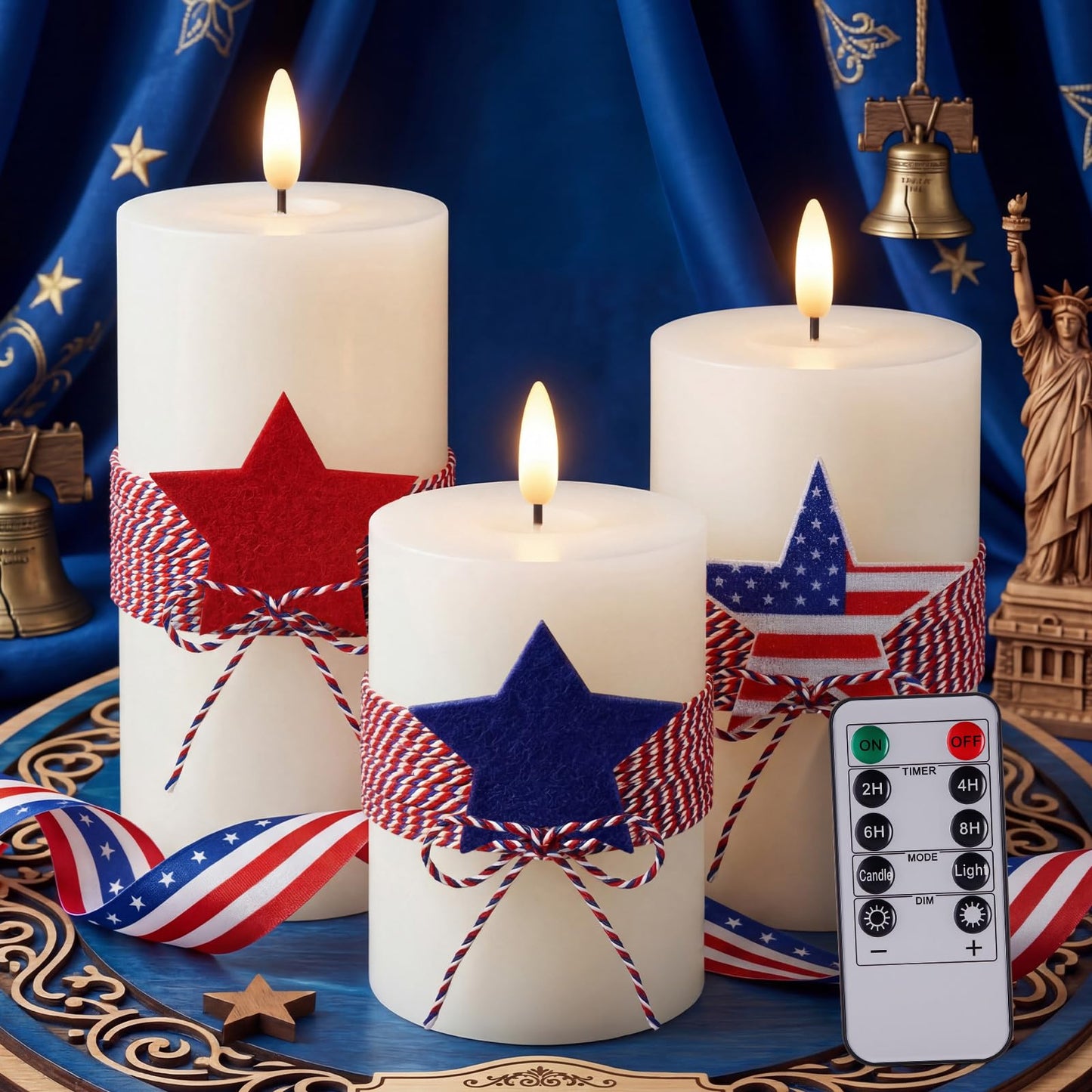 4th of July 4" 5" 6" Flameless Pillar Candles with Remote, Set of 3 Patriotic White Battery Operated LED Candle with Star Felt, Independence Day Decorations for Home Party Table Fireplace