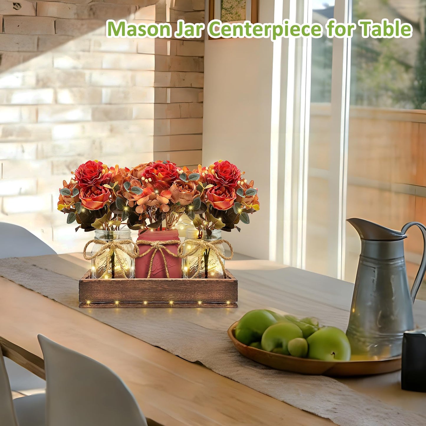 HOMECOR Mason Jar Light Centerpiece Table Decor for Dining Room - Farmhouse Centerpiece Table Decorations with Wood Tray and Remote Control LED Lights for Coffee Table Decor Living Room Wedding