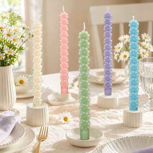 JarThenaAMCS 10Pcs Floral Taper Candles 10 Inch Wax Candles 5 Colors 3D Daisy Flower Unscented Candle Sticks for Spring Home Party Supplies Table Decor