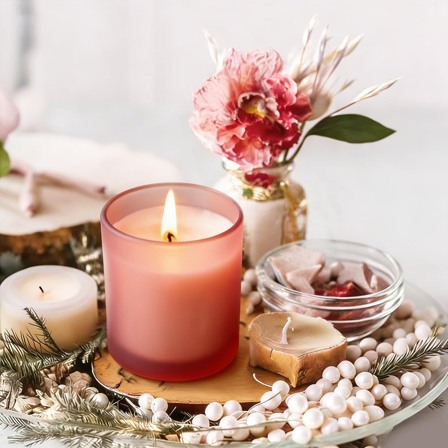 COYACOOL 12PCS Candle Jars for Making Candles, 7 oz Thick Empty Glass Candle Making Jars with Bamboo Lids, in Bulk, Frosted Pink