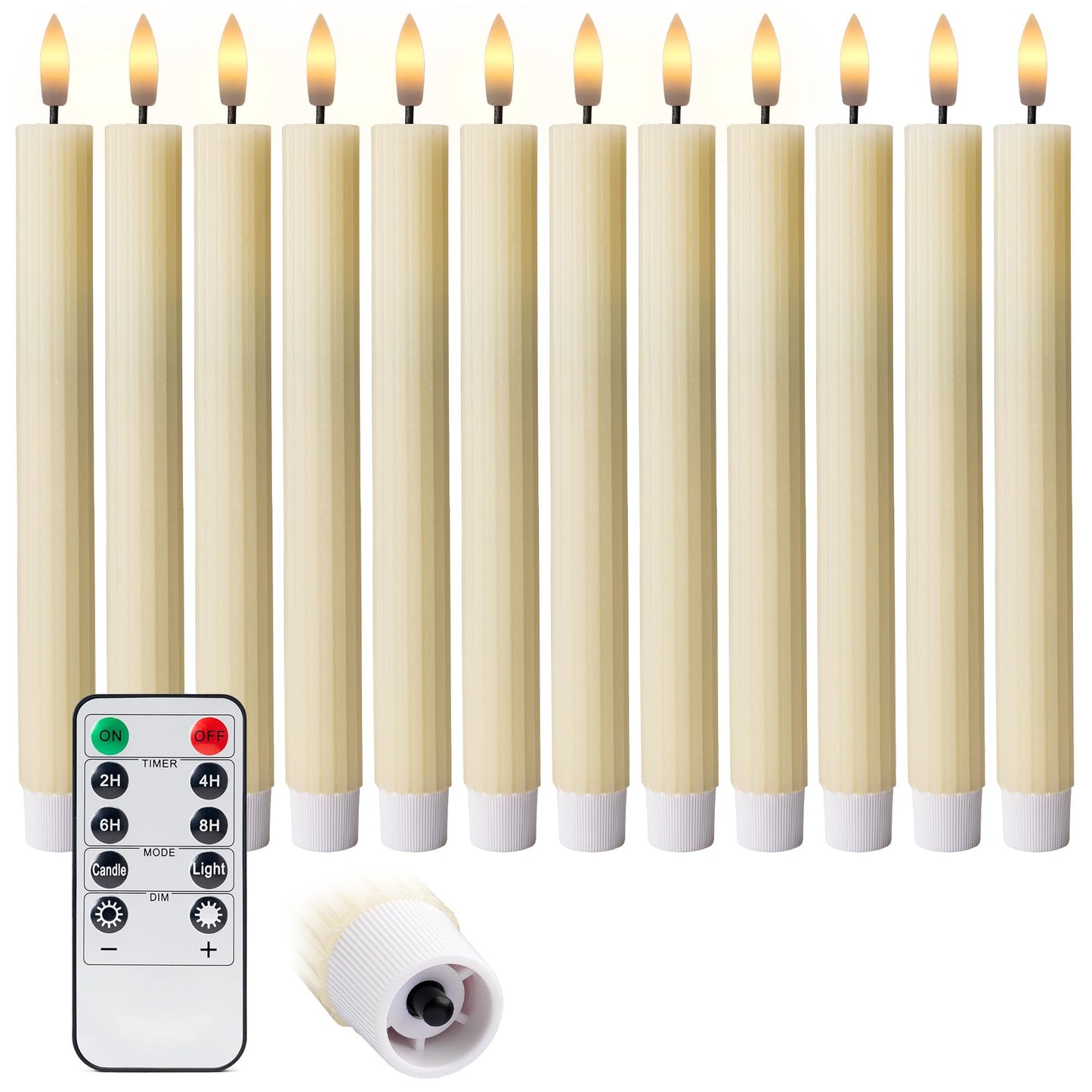 West Ivory 12 Pack, 10" LED Flameless Ivory Fluted Ribbed Grooved Taper Candles with 2 Remotes & 24h Timer Memory, On/Off Button, Dimmable, Flicker Mode, Battery Operated, Christmas Menorah Wedding