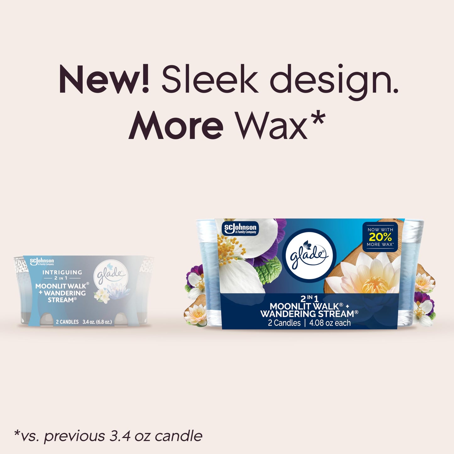 Glade 1-Wick 2in1 Scented Candle Jar, Moonlit Walk & Wandering Stream, Air Freshener Infused with Essential Oils, 4.08 Oz, 2 Count